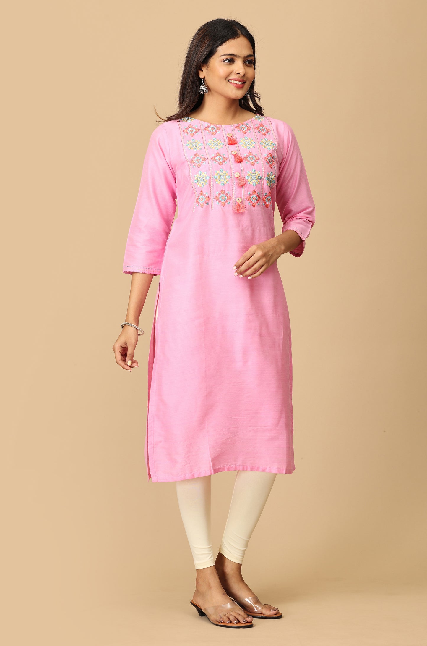 Baby Pink Slub Silk Embroidery with Button & Tassel Kurti