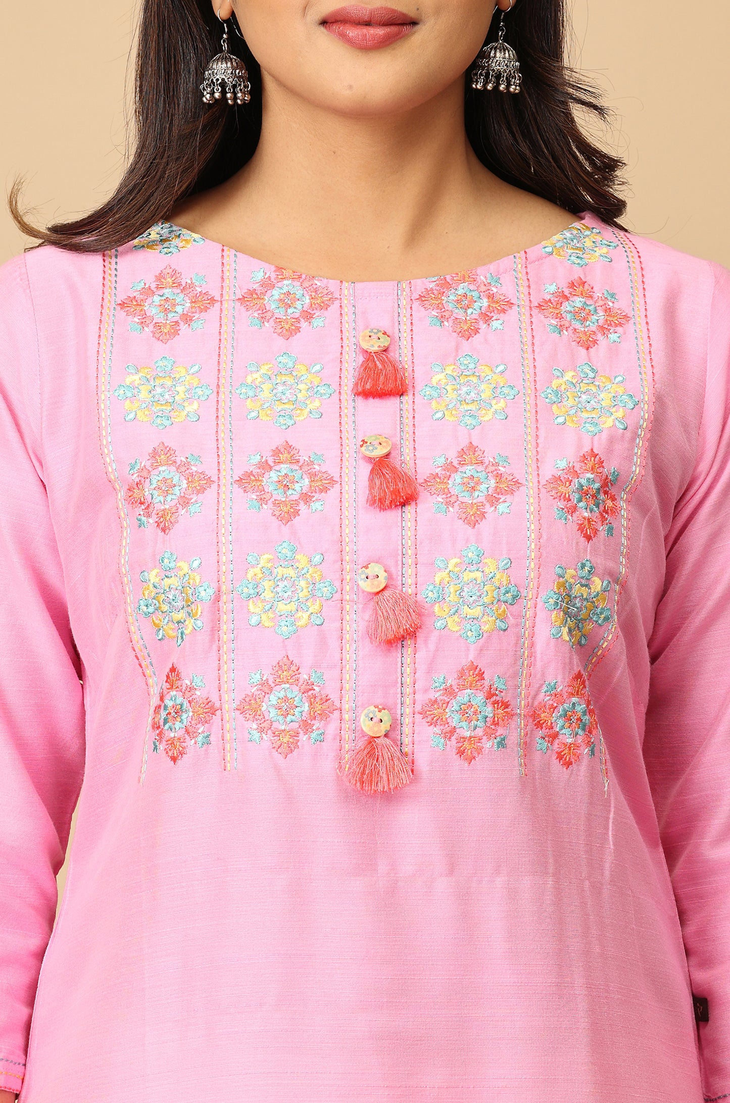 Baby Pink Slub Silk Embroidery with Button & Tassel Kurti