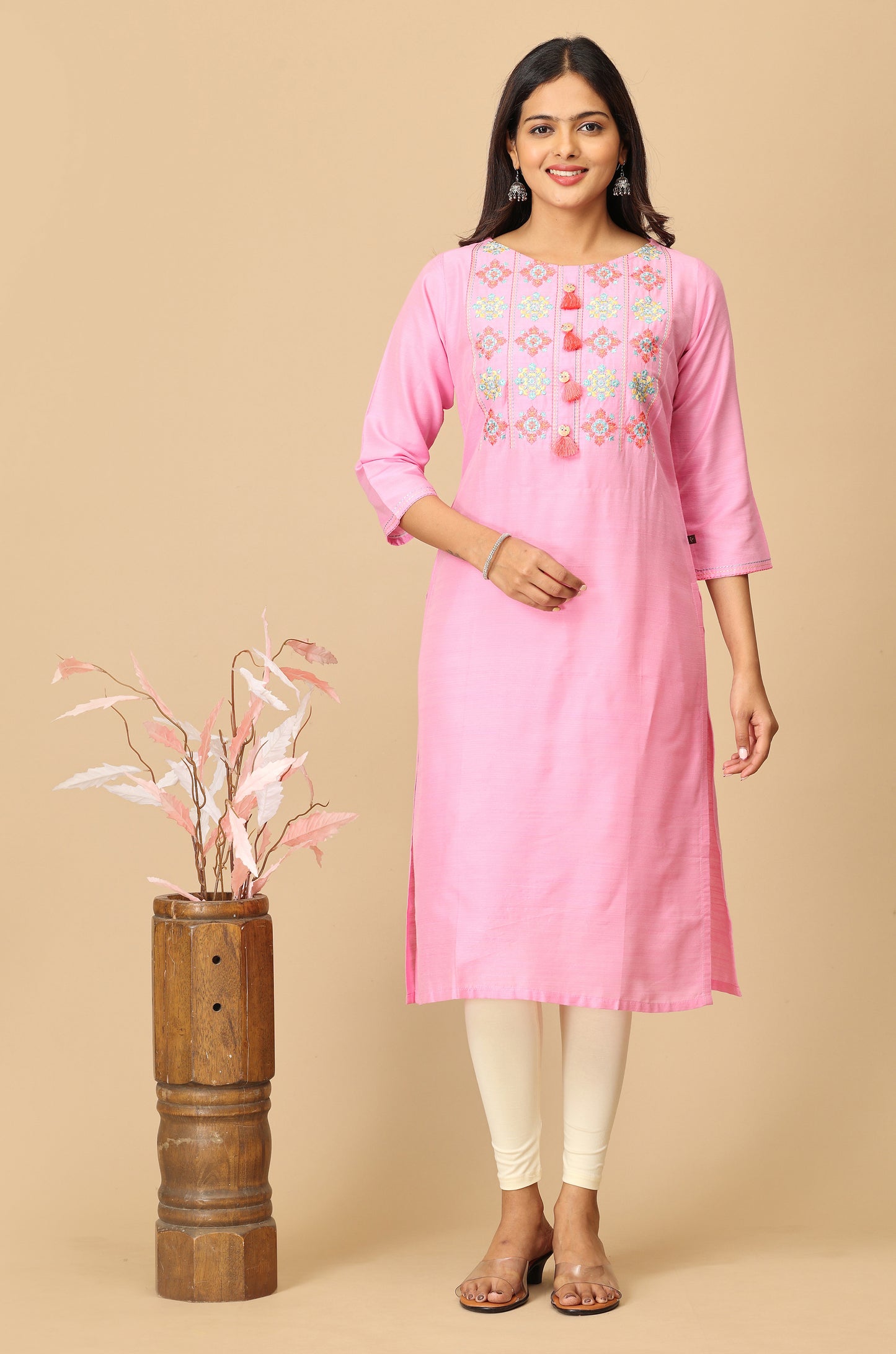 Baby Pink Slub Silk Embroidery with Button & Tassel Kurti
