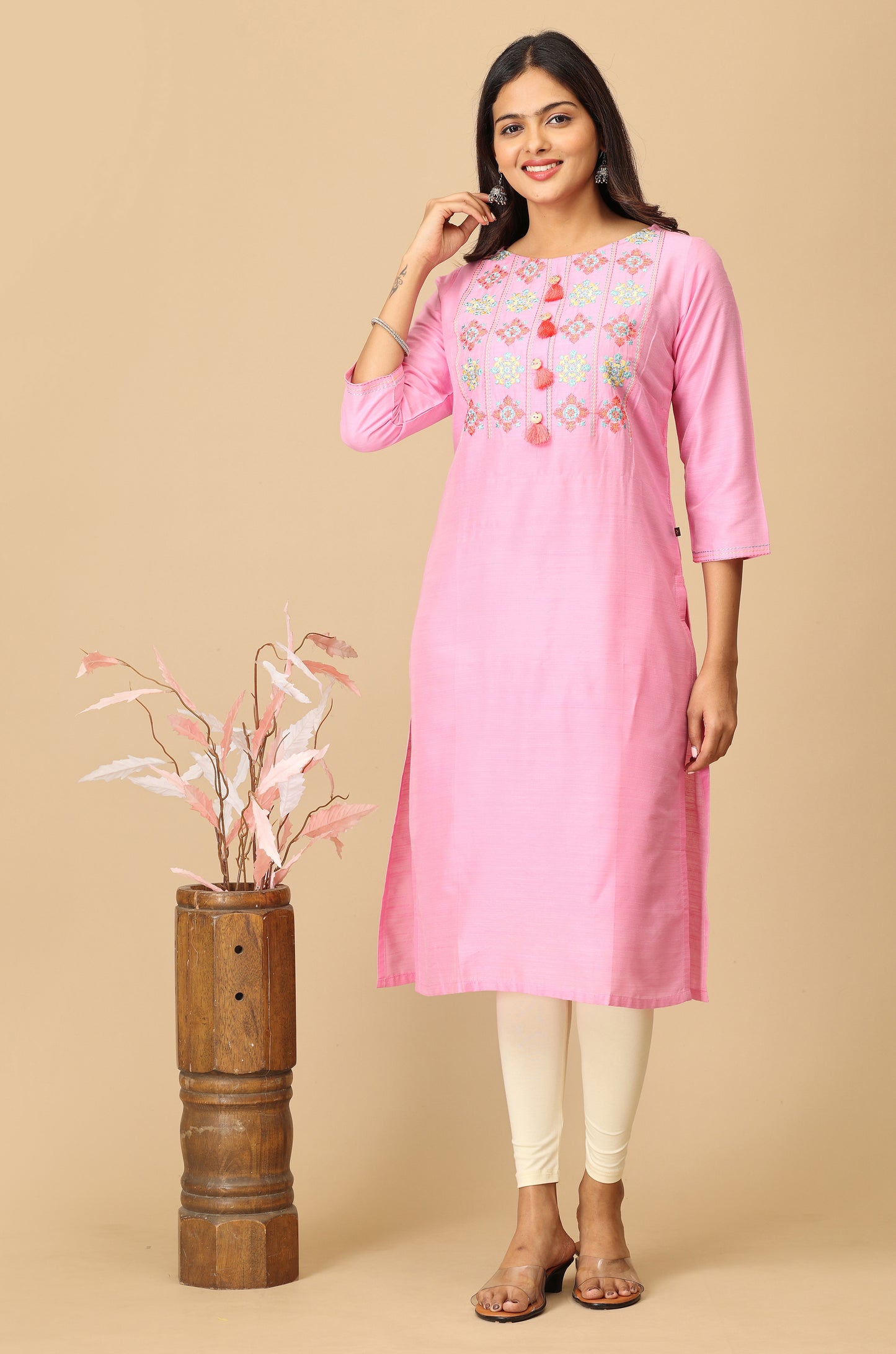 Baby Pink Slub Silk Embroidery with Button & Tassel Kurti