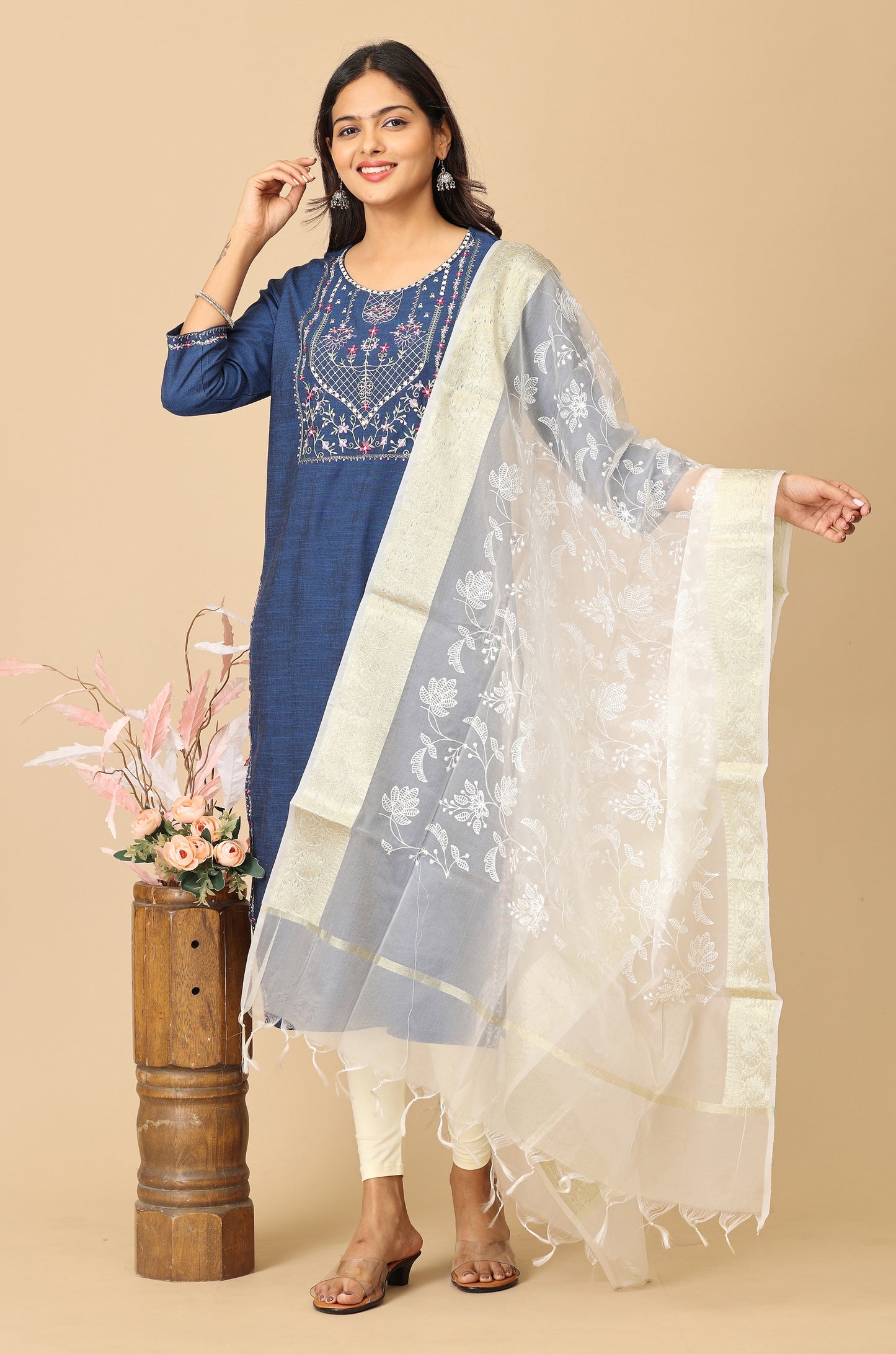 Navy Blue  Rayon Slub Embroidery Kurti