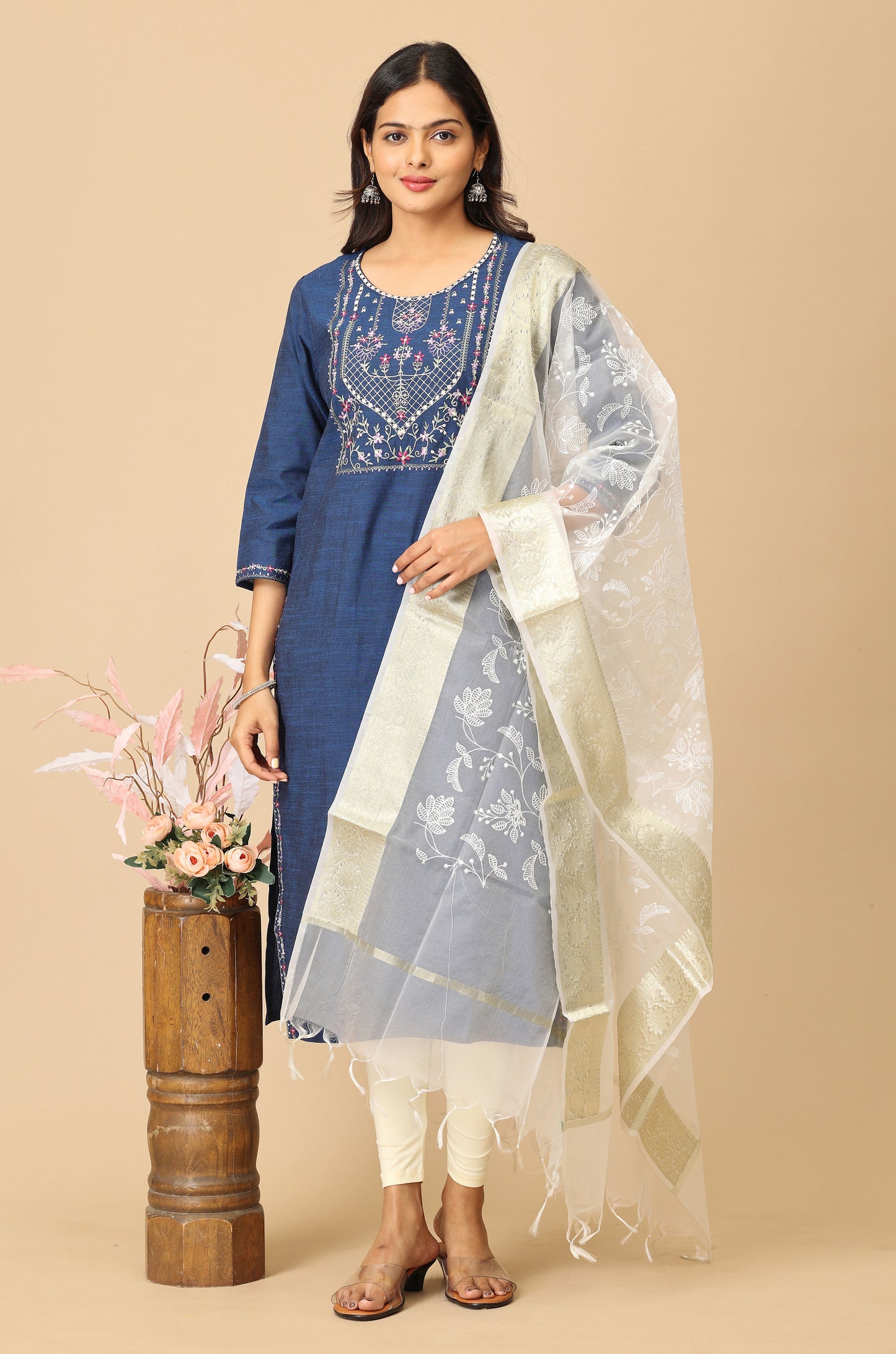 Navy Blue  Rayon Slub Embroidery Kurti