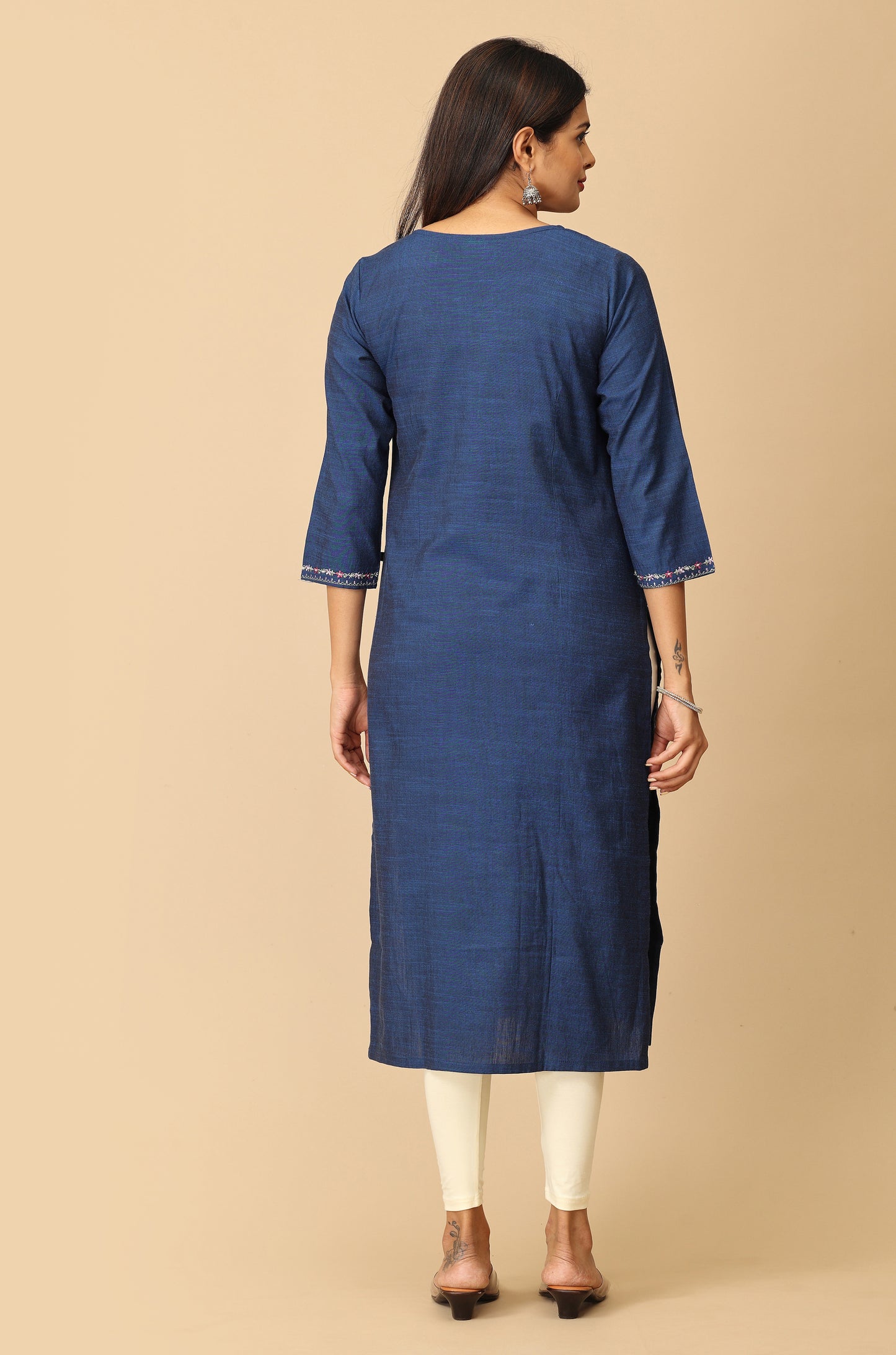 Navy Blue  Rayon Slub Embroidery Kurti