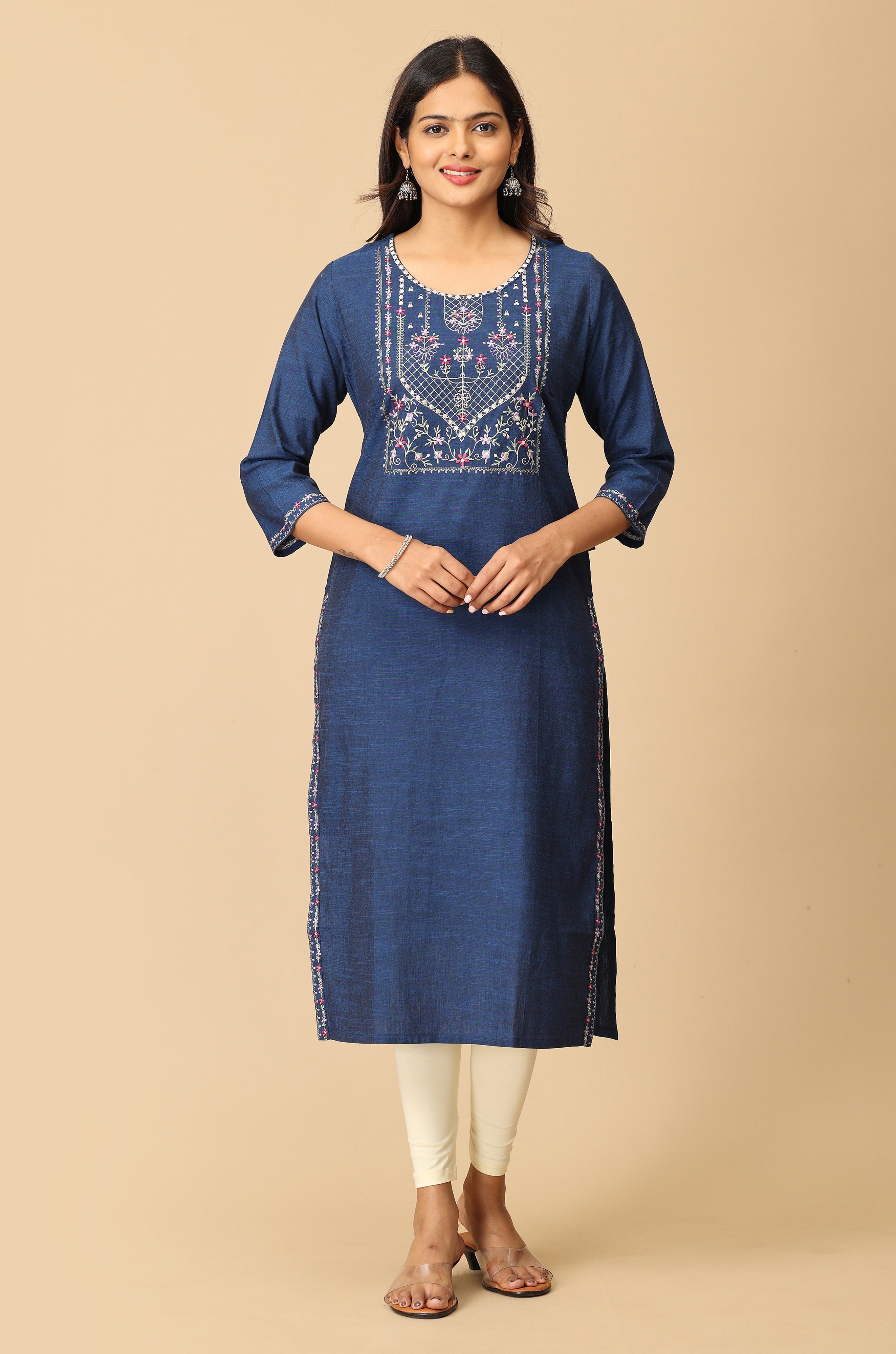 Women's Navy Blue Rayon Slub Embroidered Straight Kurta Pant With Dupatta