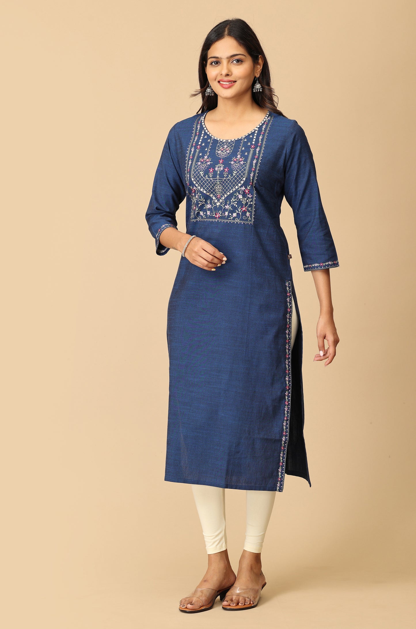 Navy Blue  Rayon Slub Embroidery Kurti