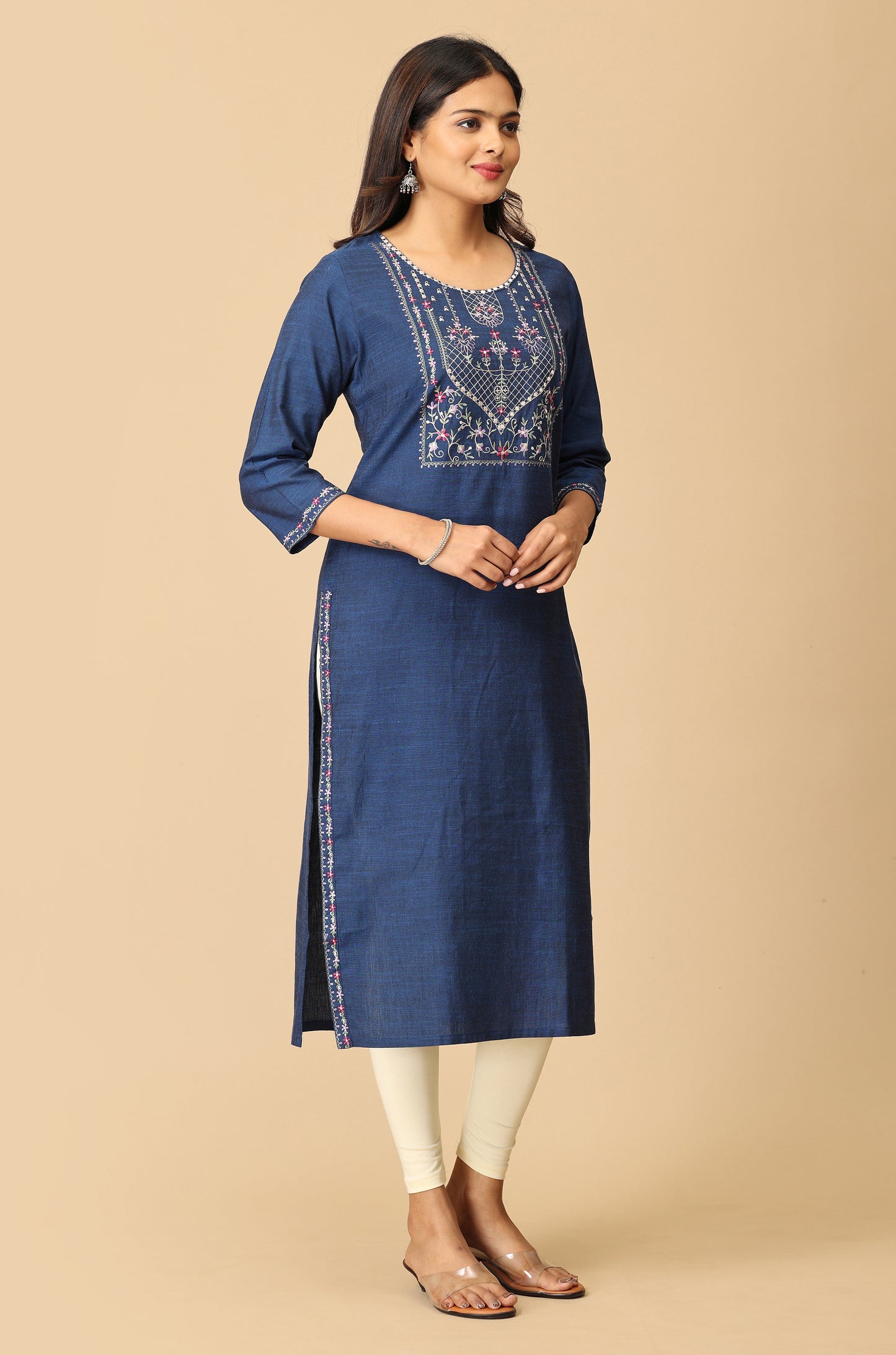 Navy Blue  Rayon Slub Embroidery Kurti