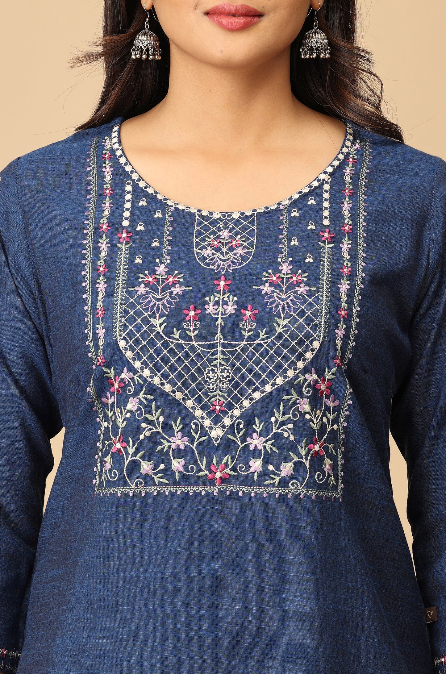 Navy Blue  Rayon Slub Embroidery Kurti