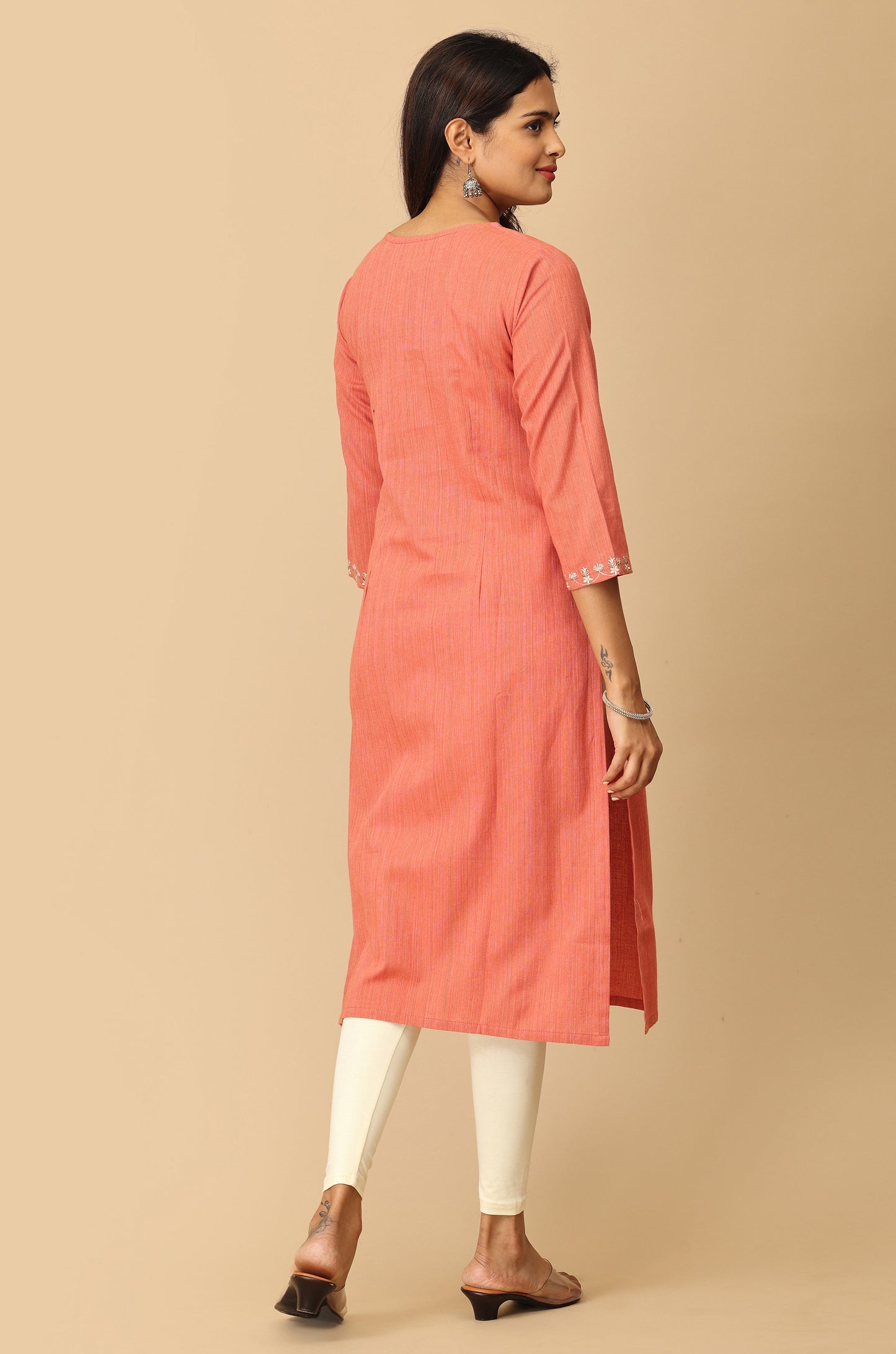 Peach Khadi Embroidery Kurti