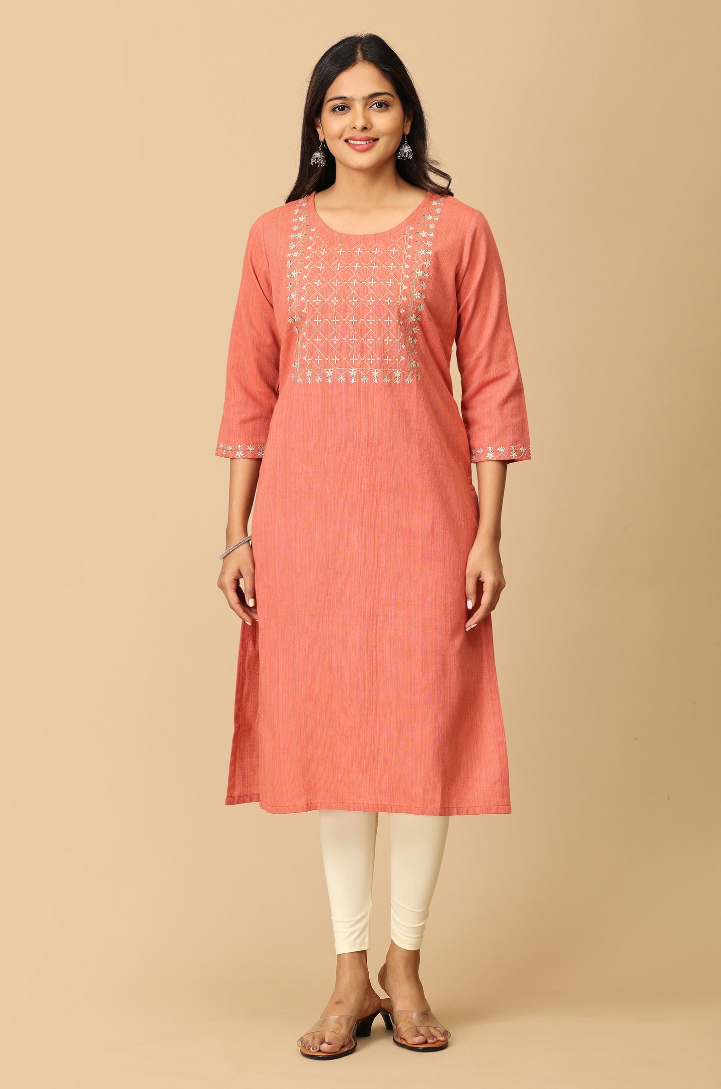 Peach Khadi Embroidery Kurti