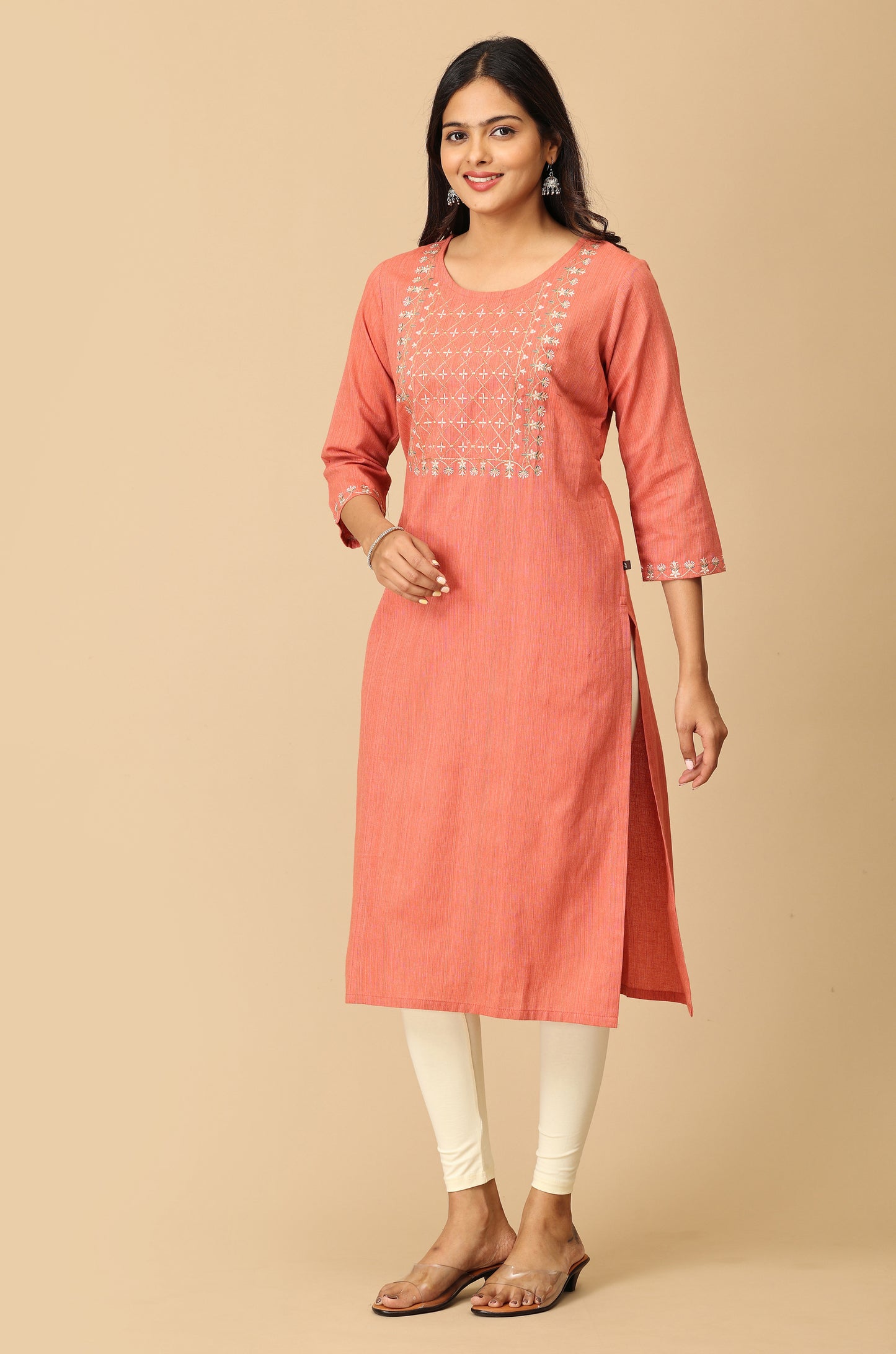 Peach Khadi Embroidery Kurti