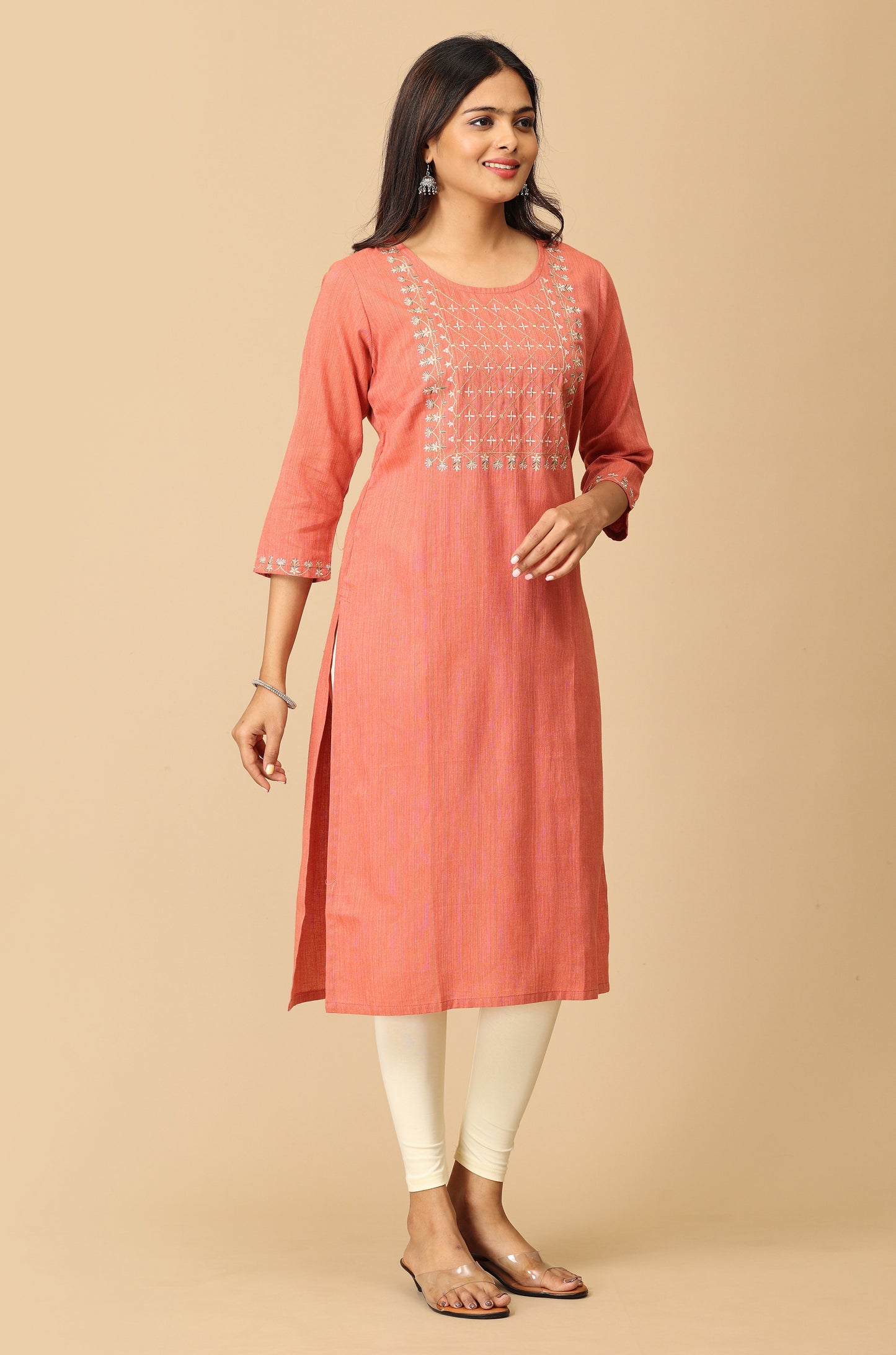 Peach Khadi Embroidery Kurti