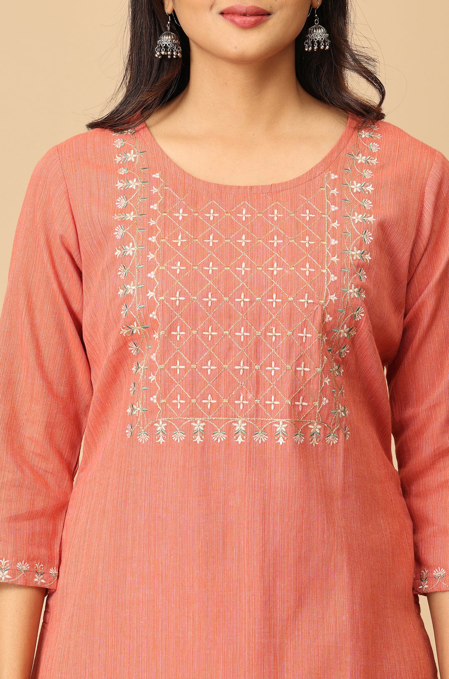 Peach Khadi Embroidery Kurti