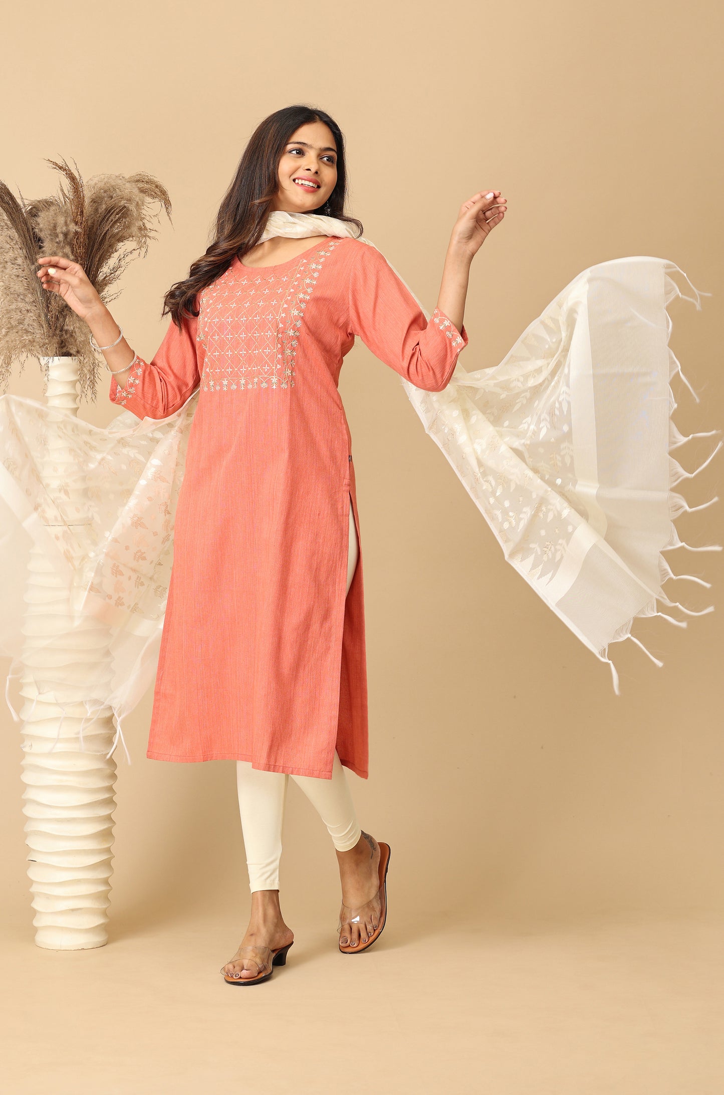 Peach Khadi Embroidery Kurti