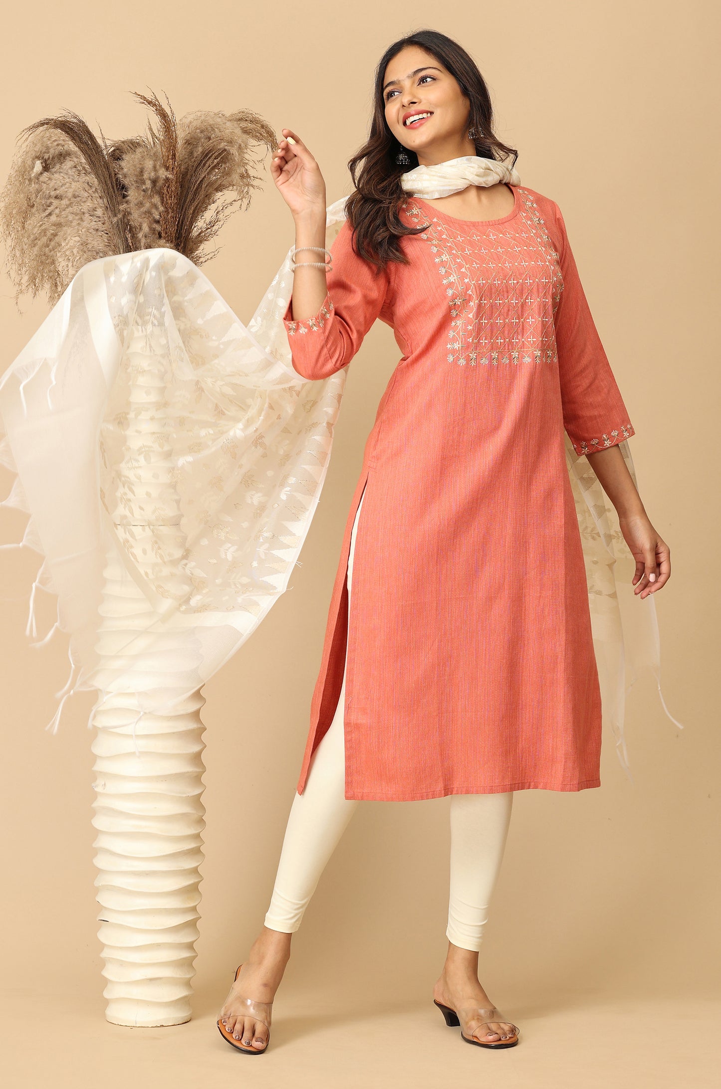 Peach Khadi Embroidery Kurti