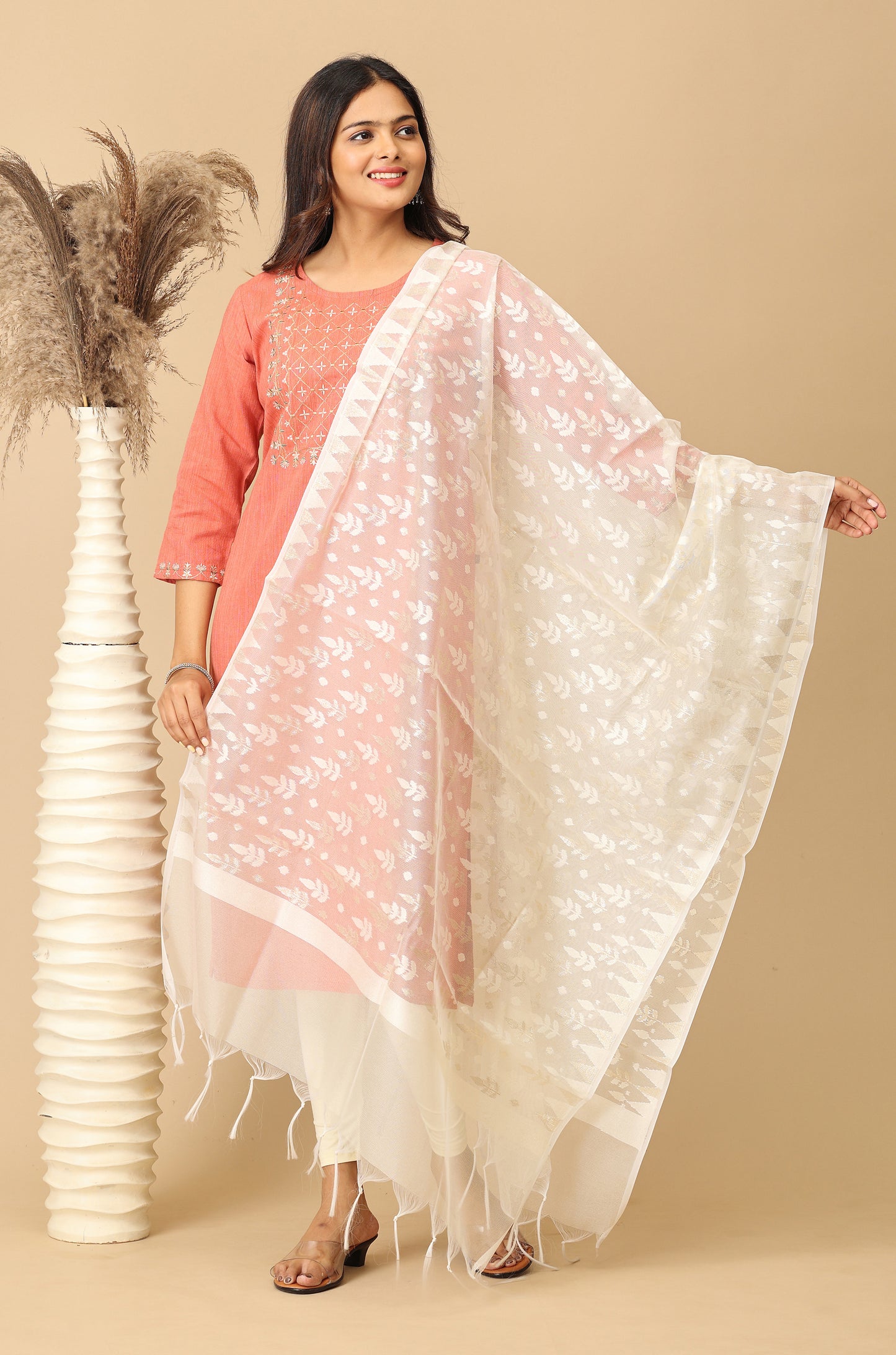 Peach Khadi Embroidery Kurti