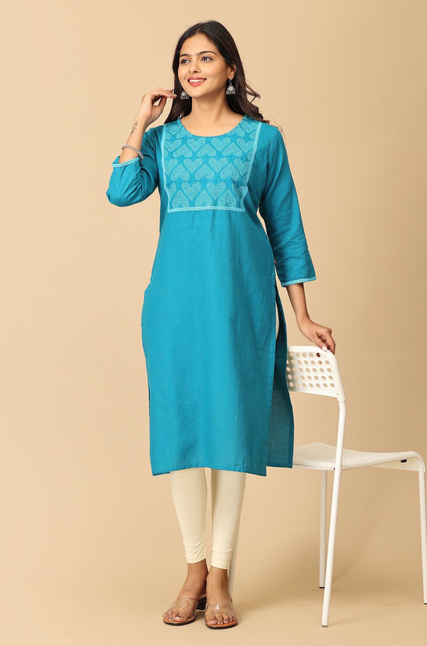 Steel Blue Embroidery with Lace Kurti