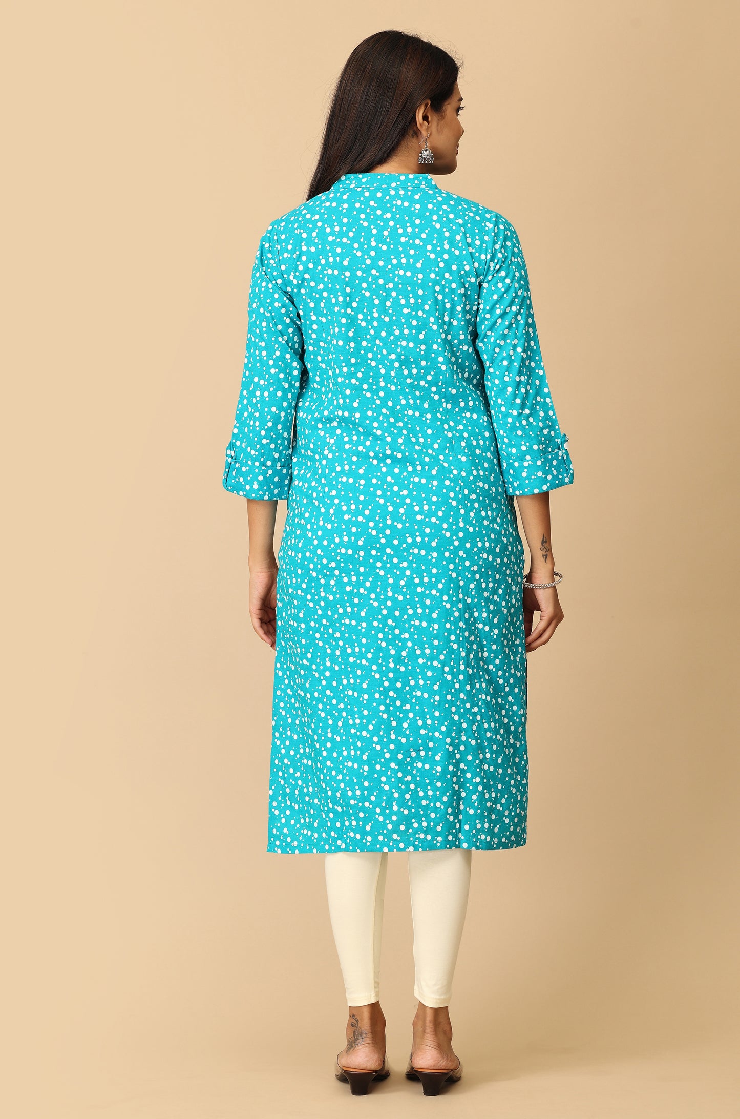 Teal Rayon Slub Polka Dotted Print Kurti