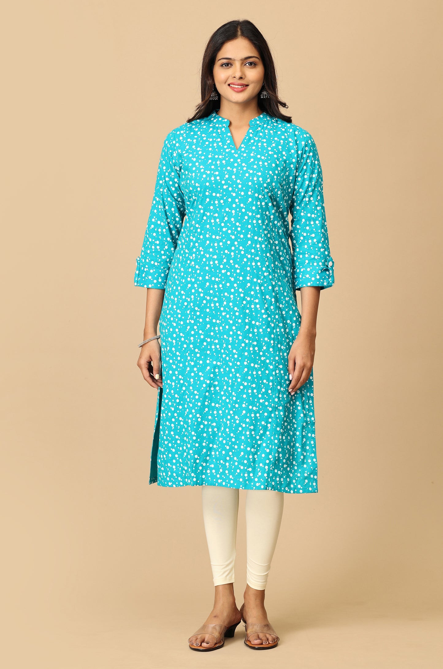 Teal Rayon Slub Polka Dotted Print Kurti