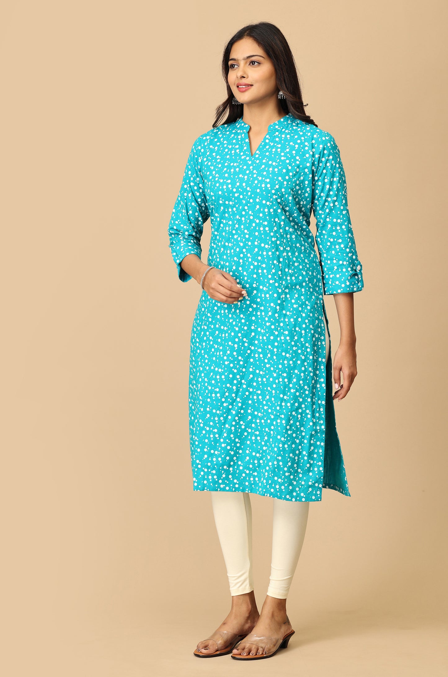 Teal Rayon Slub Polka Dotted Print Kurti