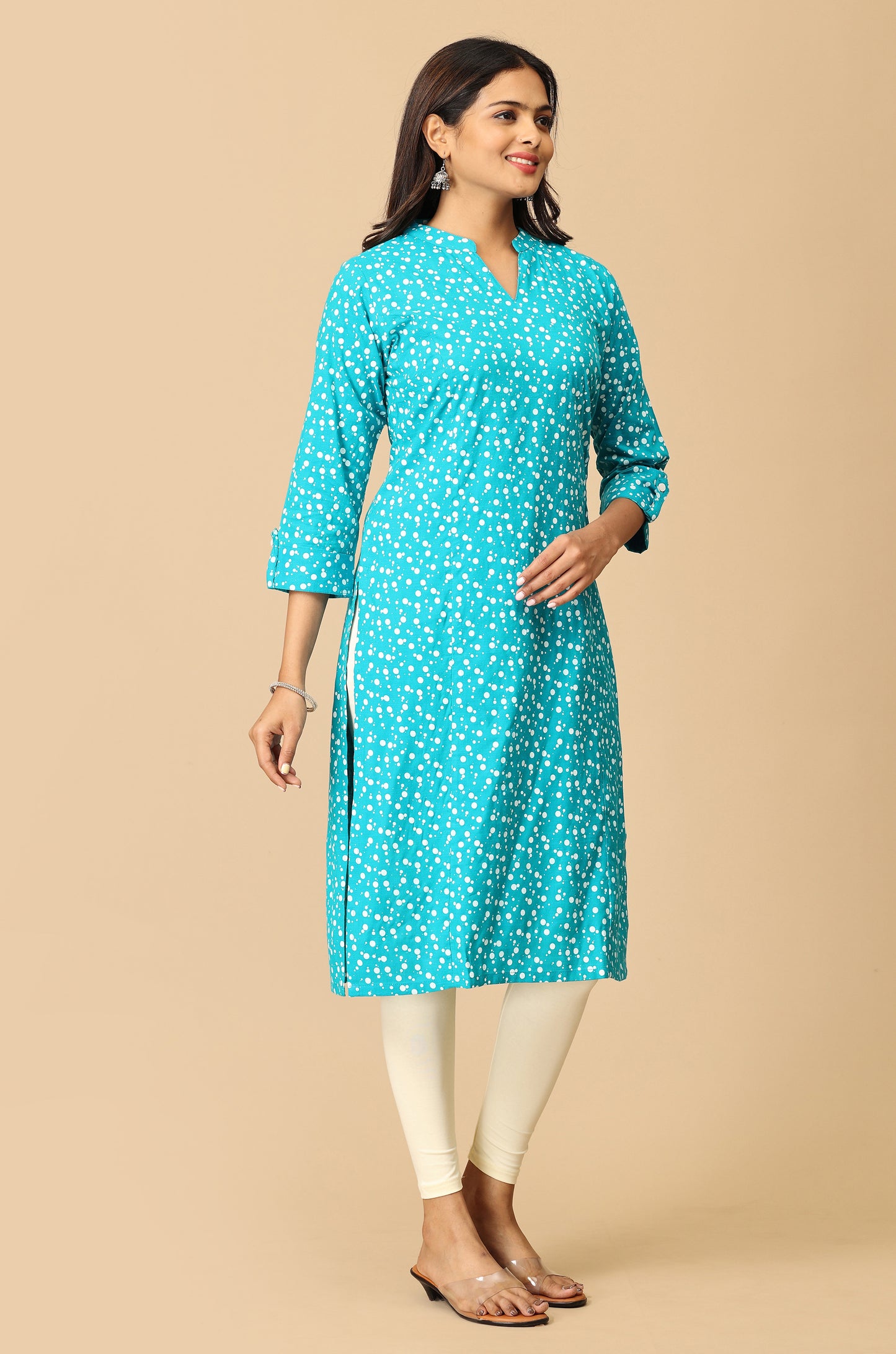Teal Rayon Slub Polka Dotted Print Kurti