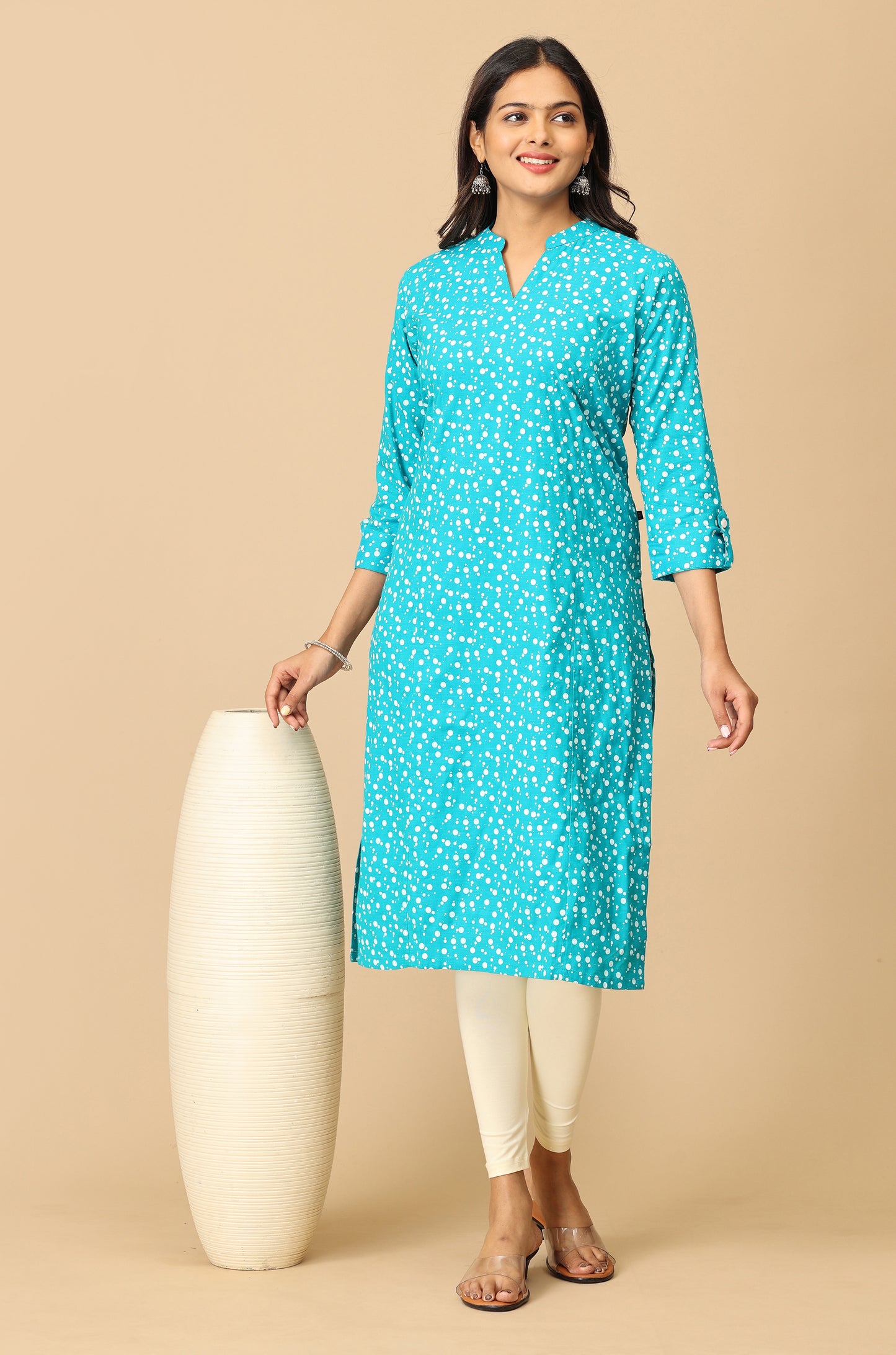 Teal Rayon Slub Polka Dotted Print Kurti