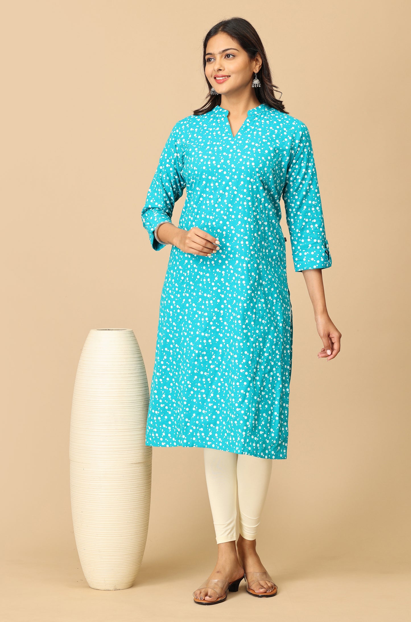 Teal Rayon Slub Polka Dotted Print Kurti