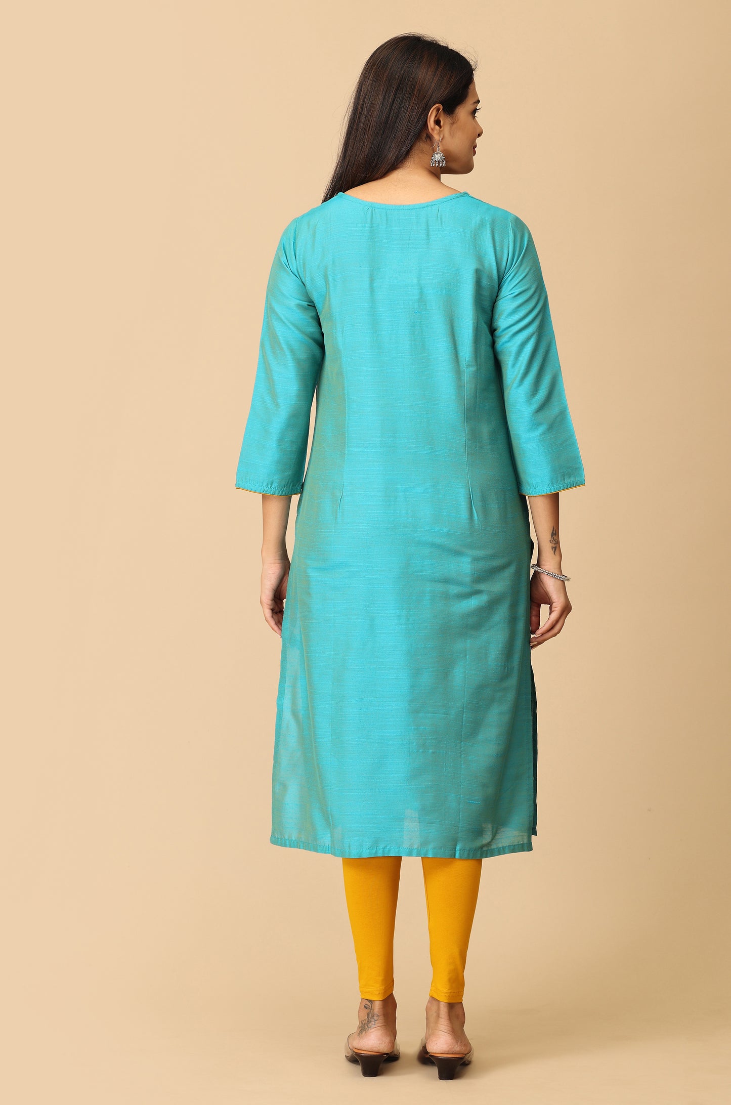 Blue Slub Silk Embroidery Kurti