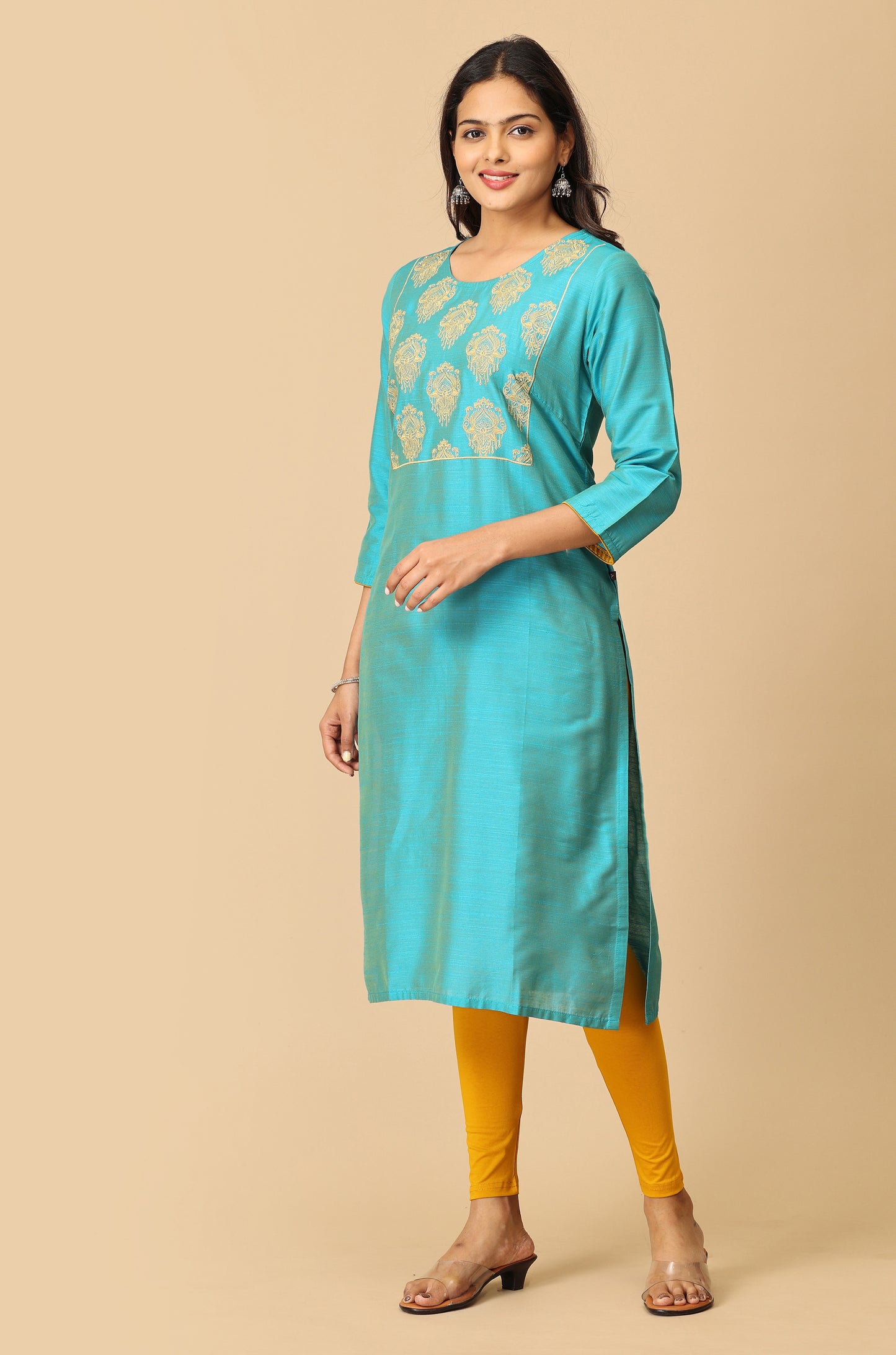 Blue Slub Silk Embroidery Kurti