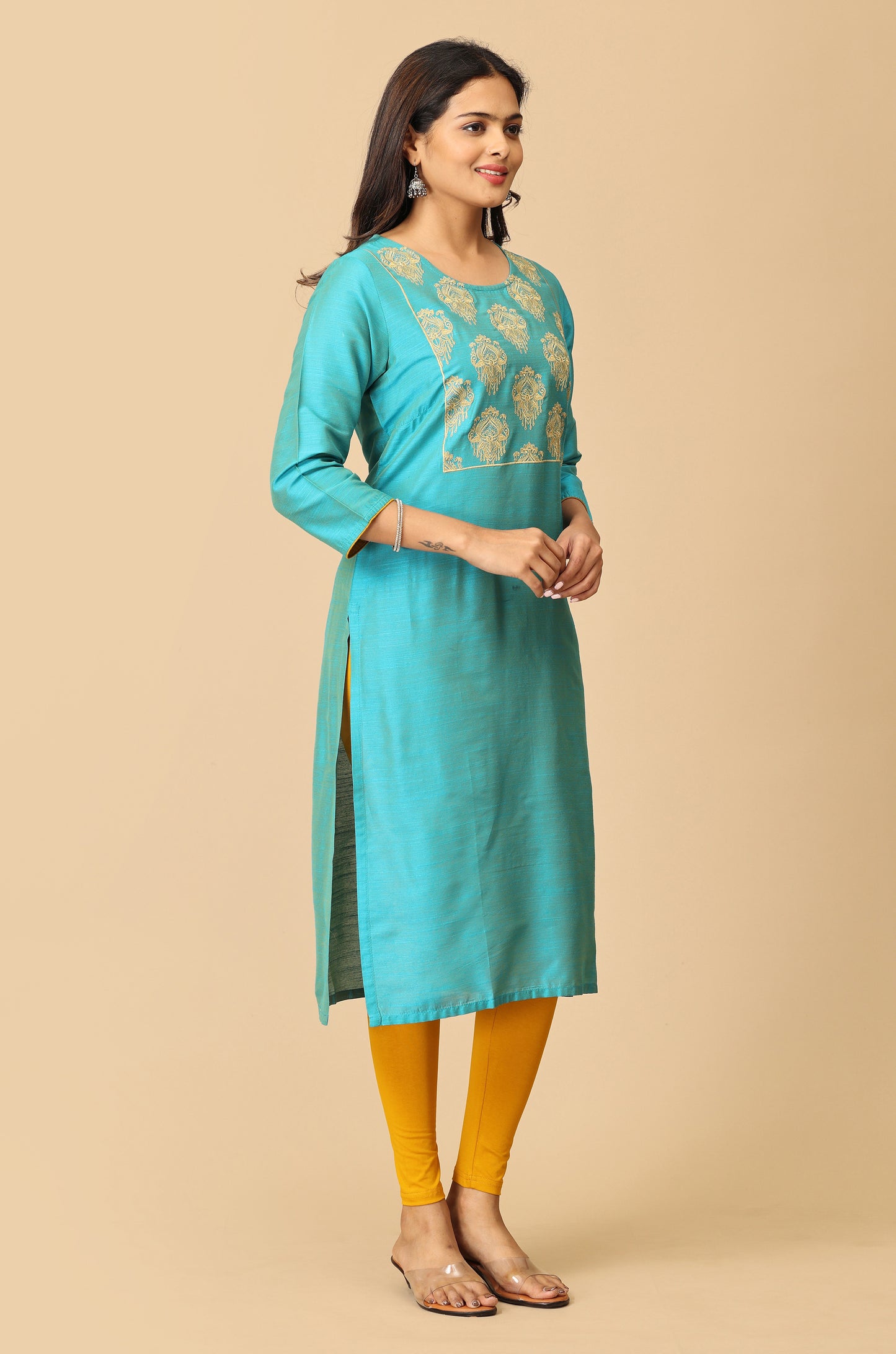 Blue Slub Silk Embroidery Kurti