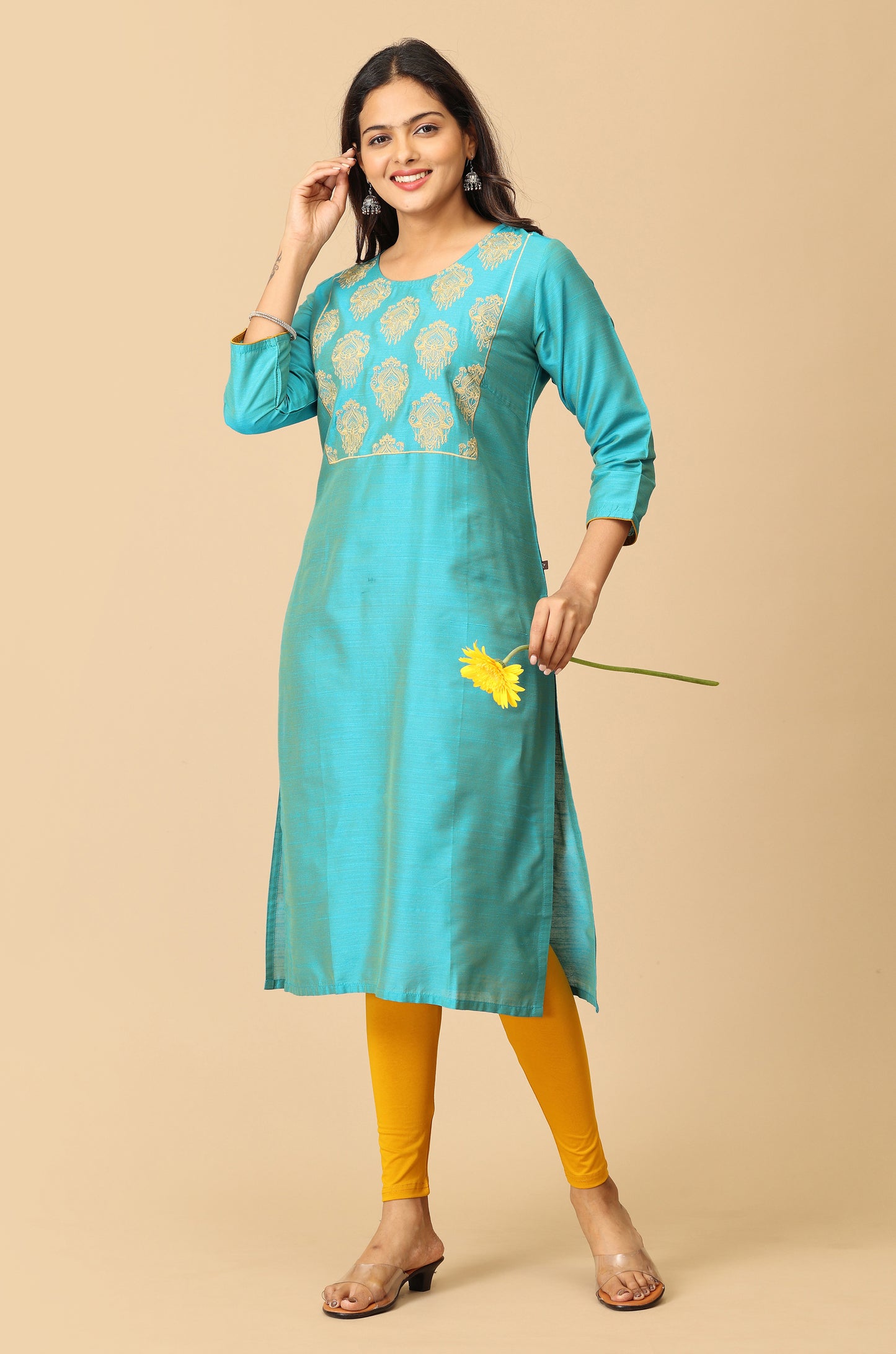 Blue Slub Silk Embroidery Kurti