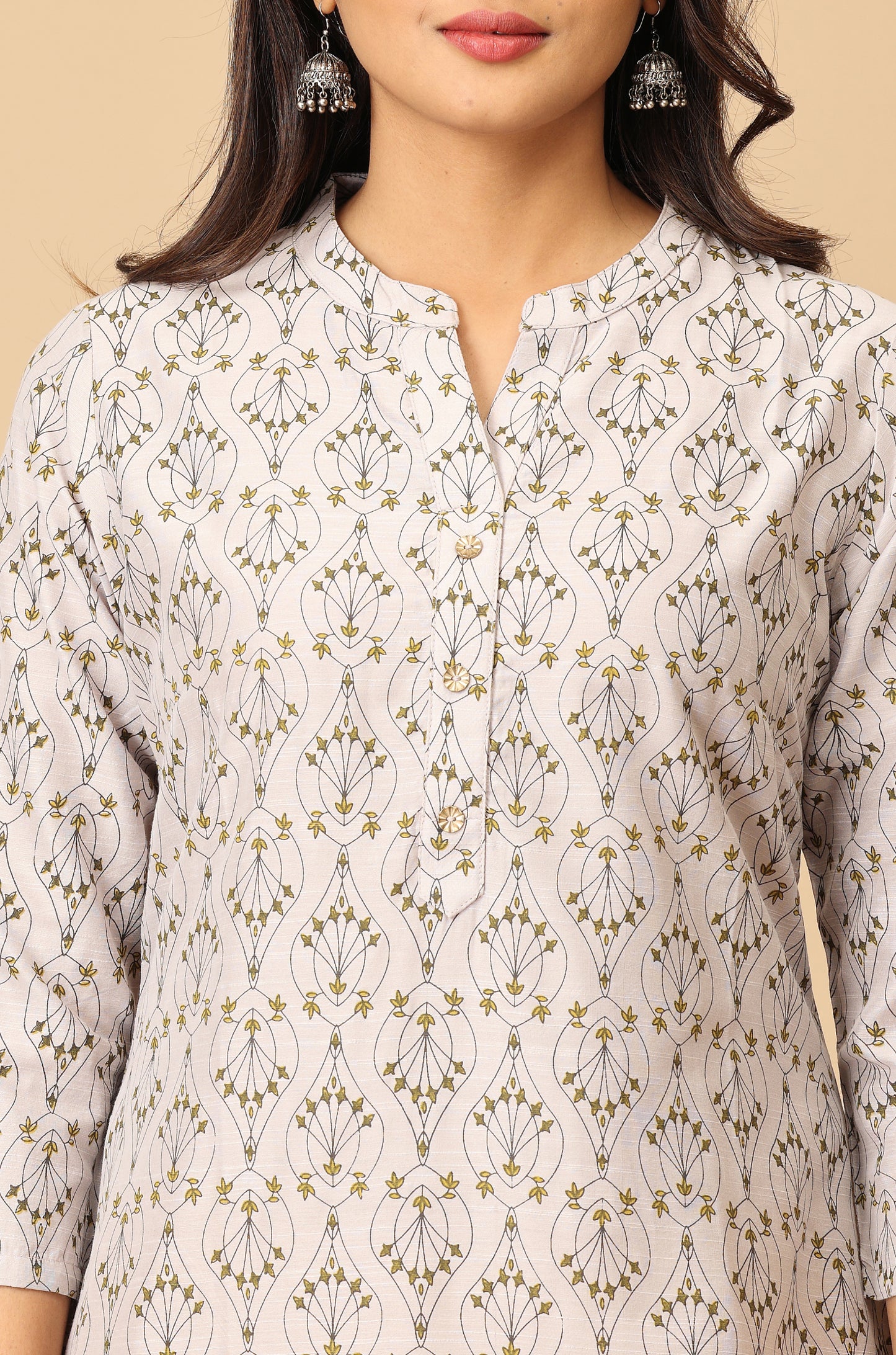 Grey Printed Slub Silk Printed Kurti