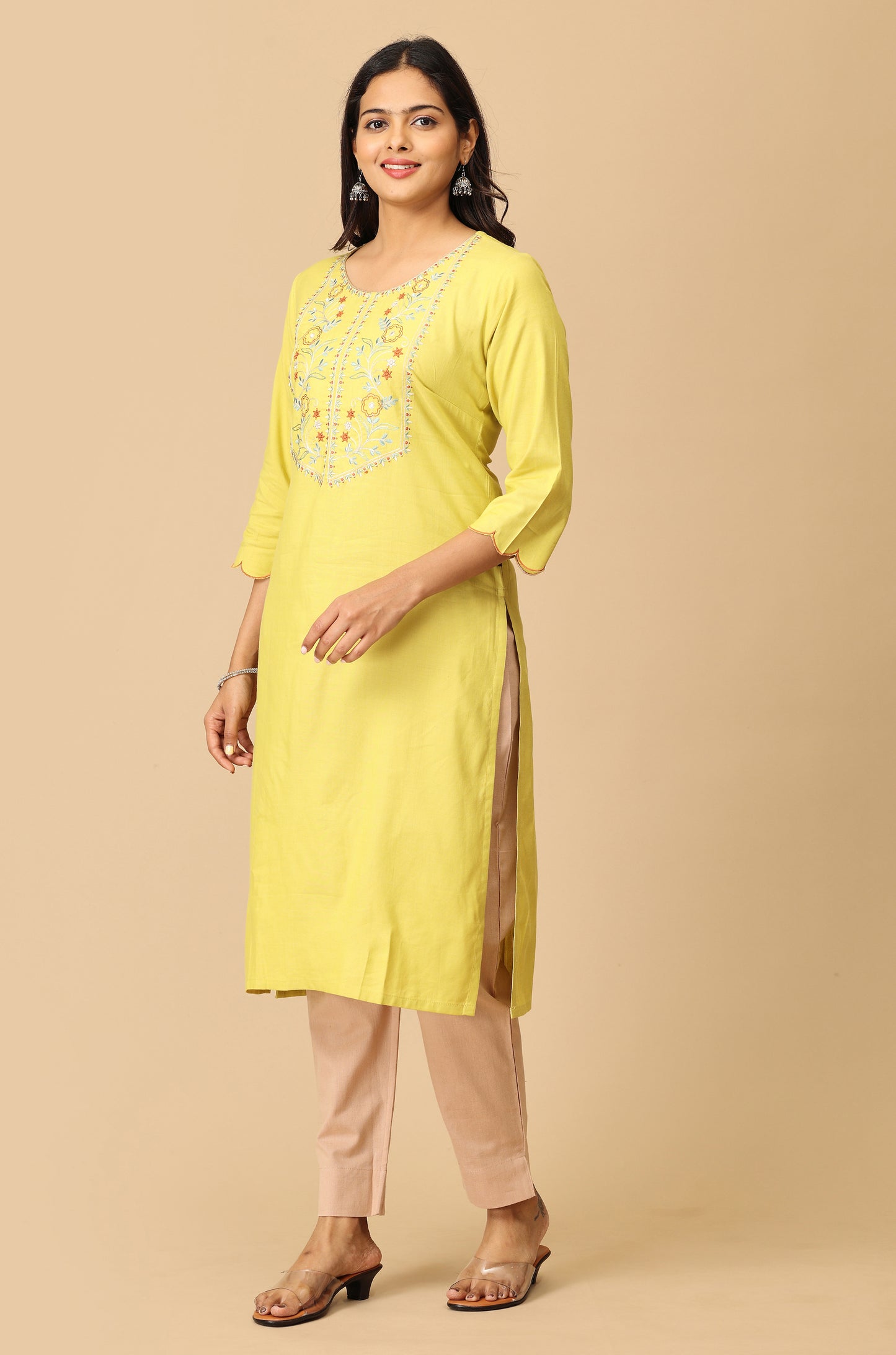 Lemon BB Cotton Embroidery Kurti