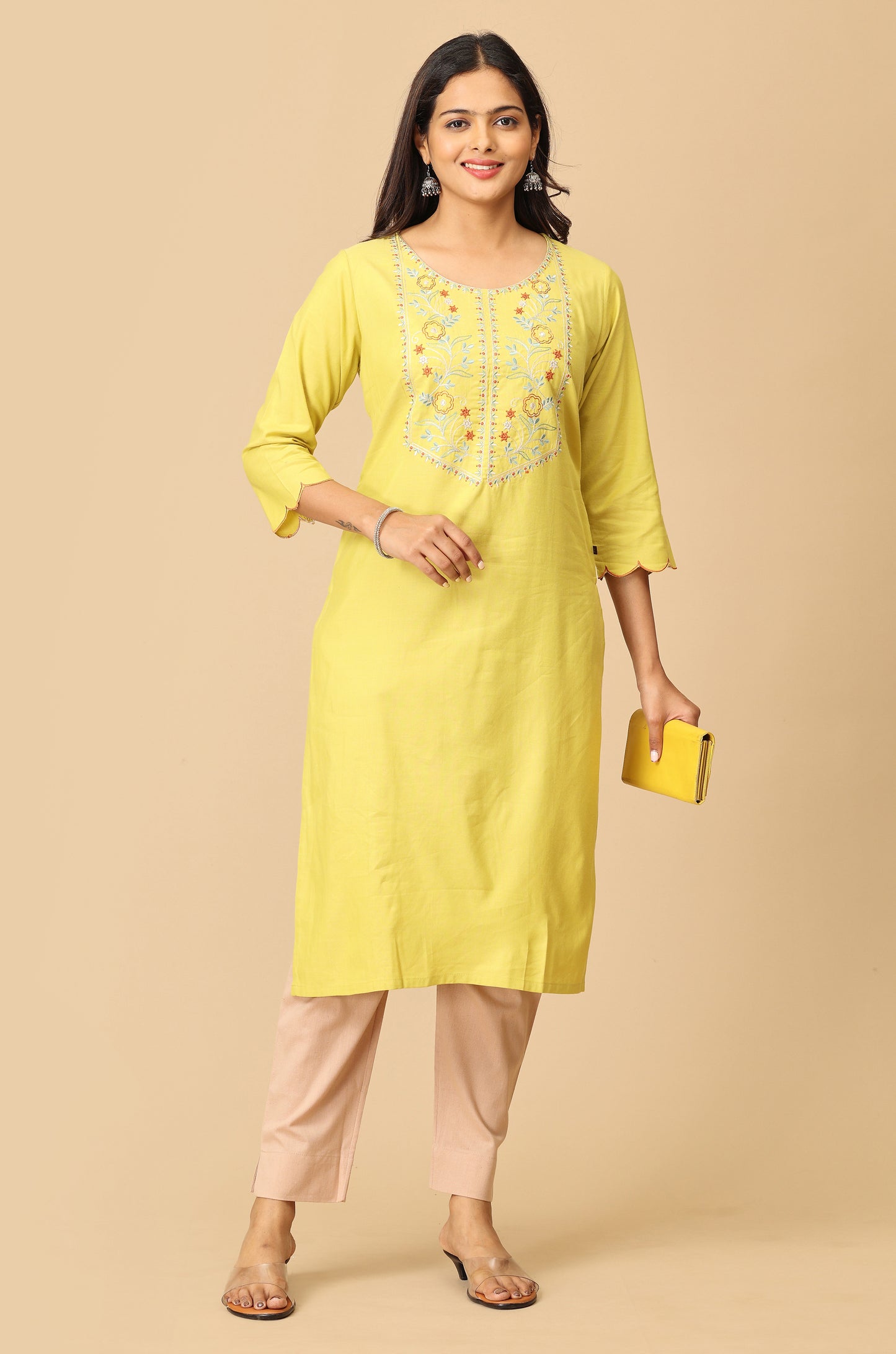 Lemon BB Cotton Embroidery Kurti