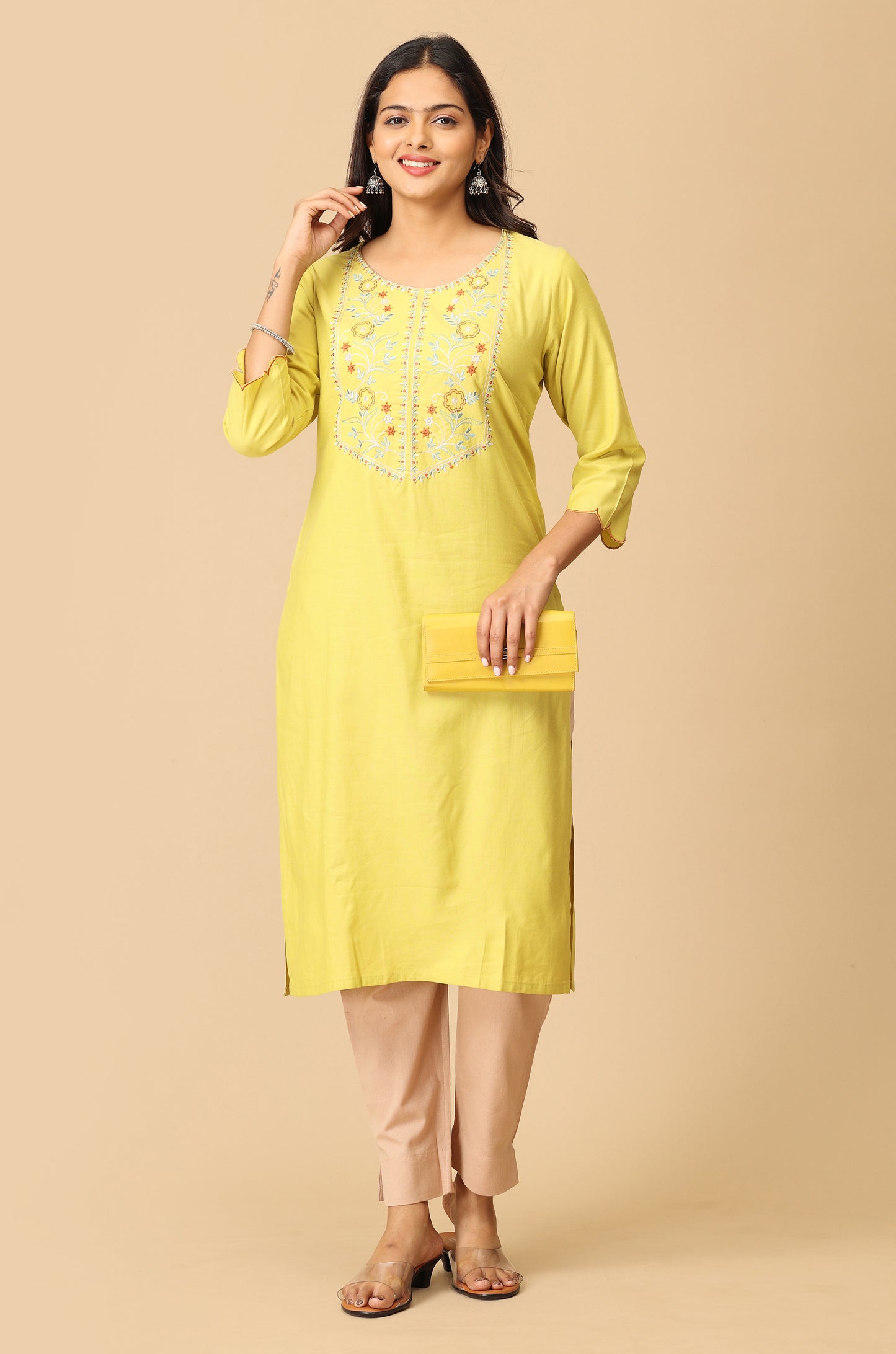 Lemon BB Cotton Embroidery Kurti