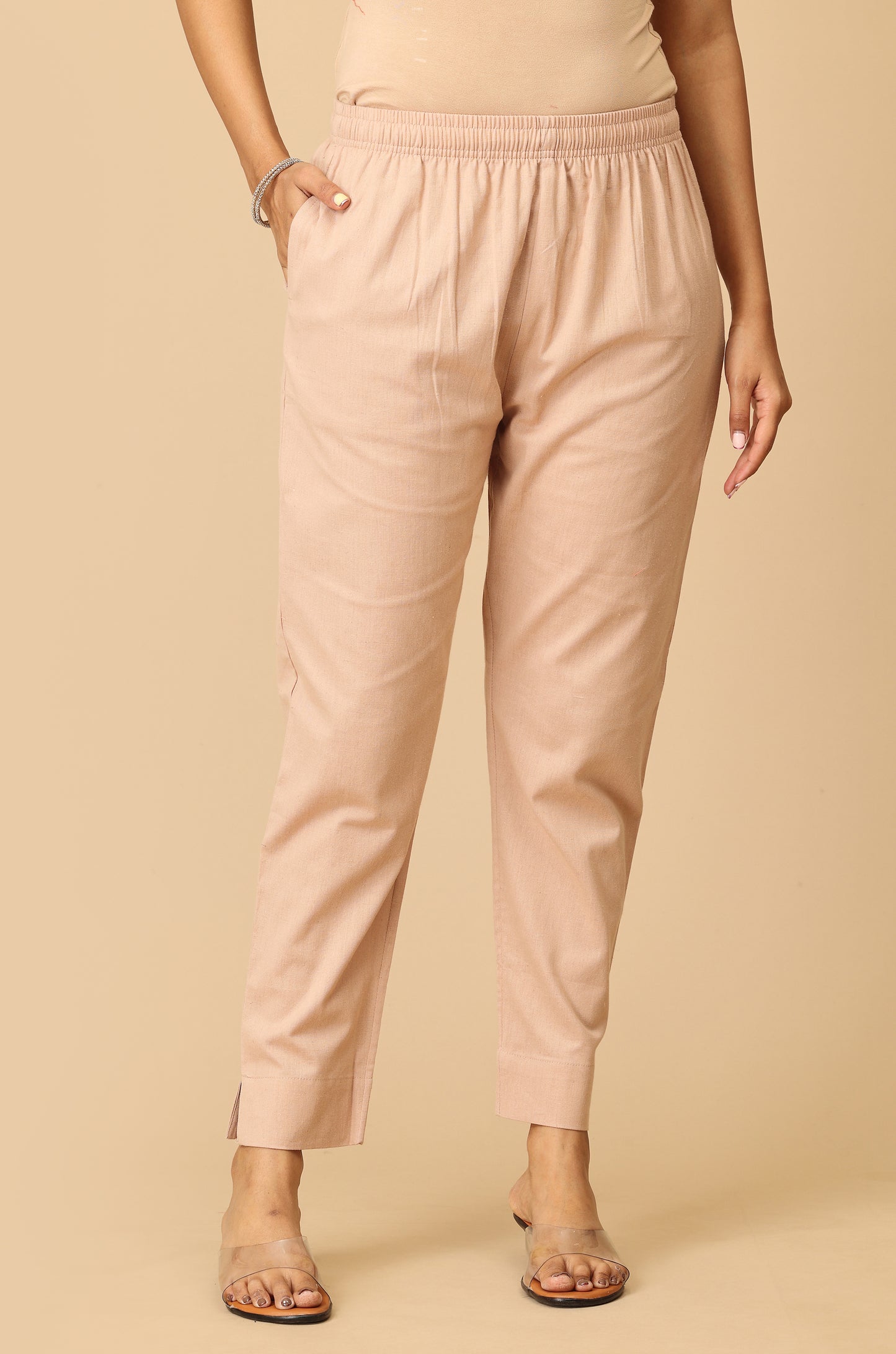 Dark Beige Cotton Trouser Fit with Drawstring Cigarette Pant