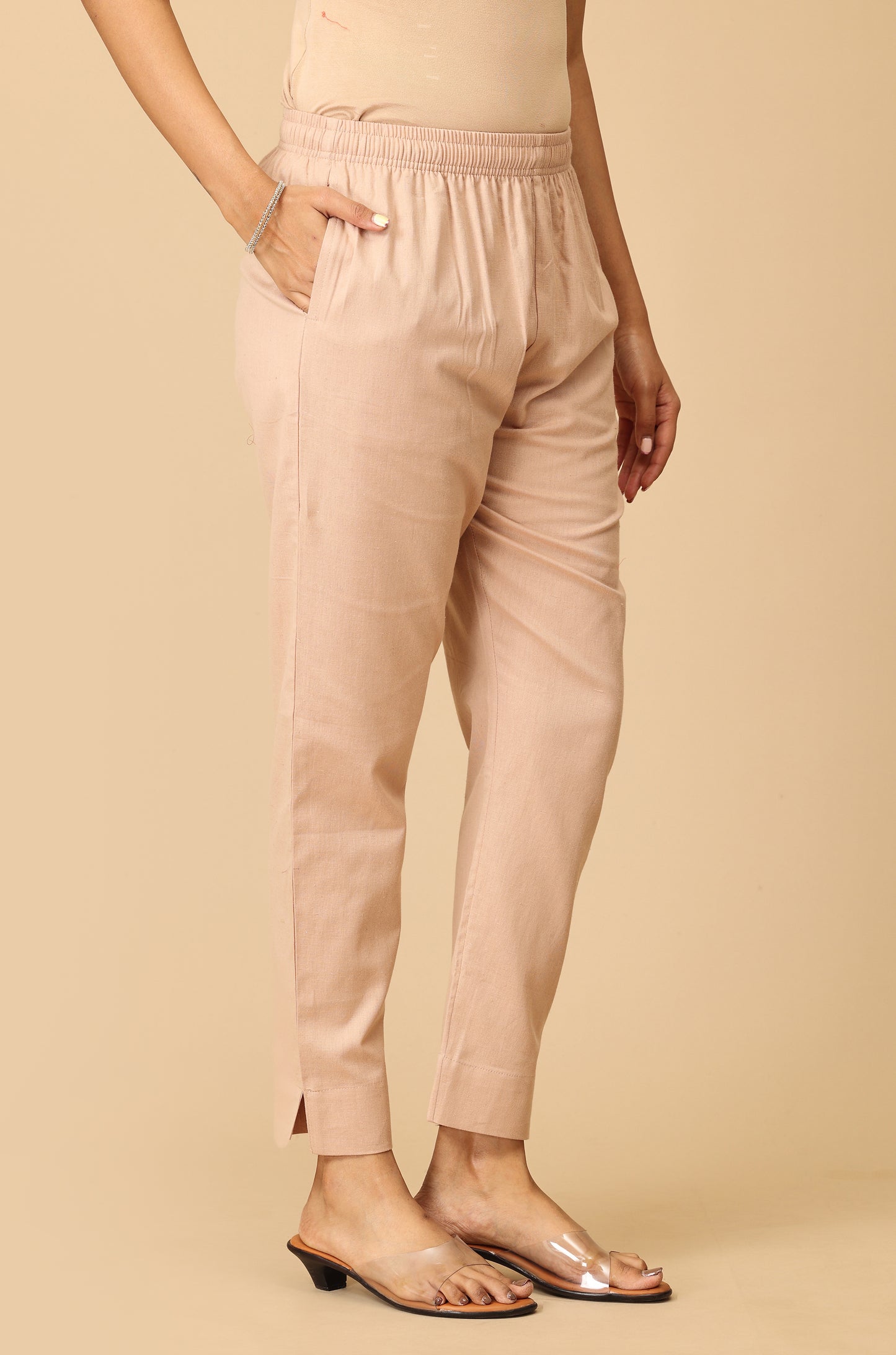 Dark Beige Cotton Trouser Fit with Drawstring Cigarette Pant