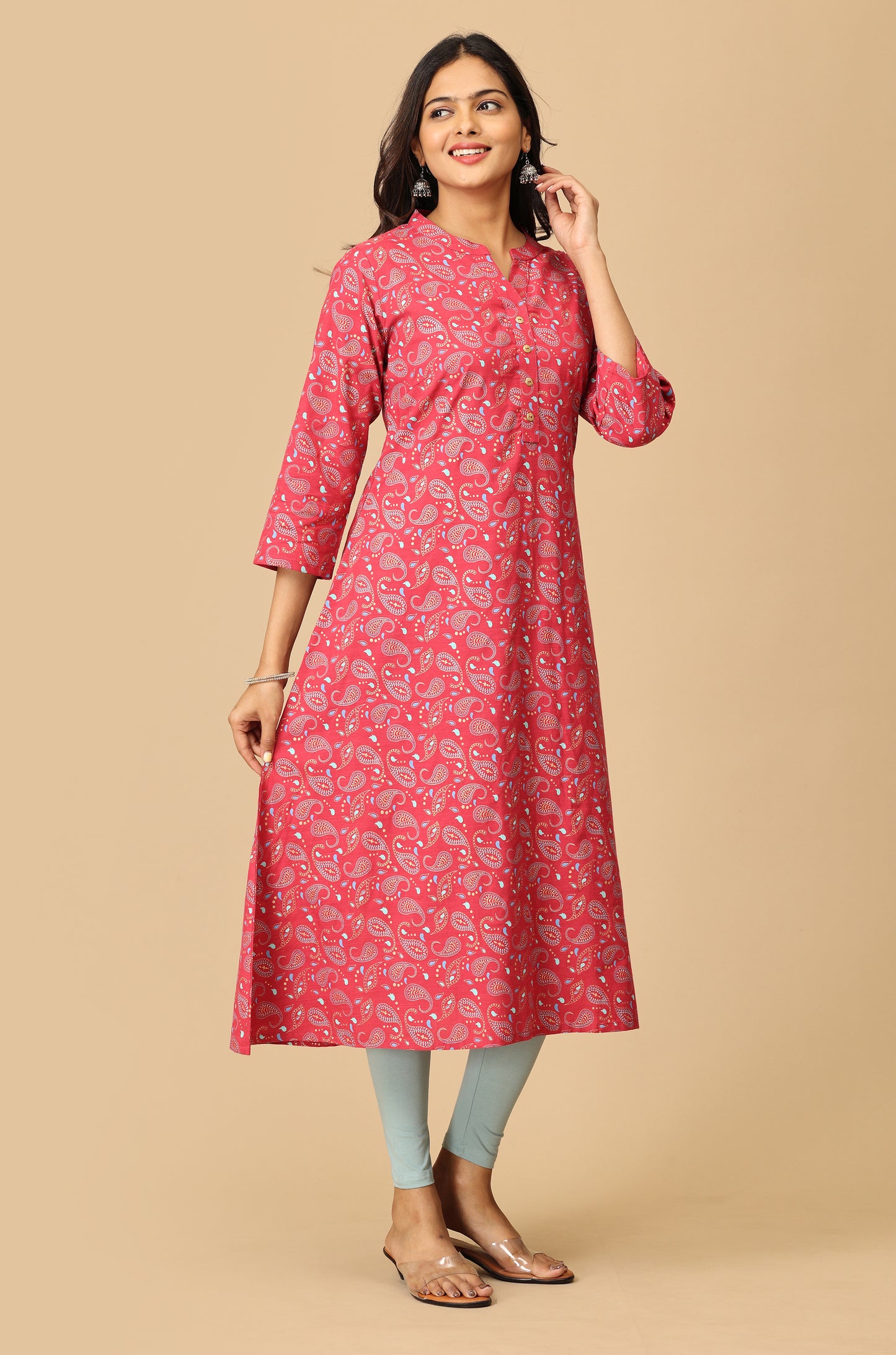 Magenta Rayon Slub Printed A-Line Kurta