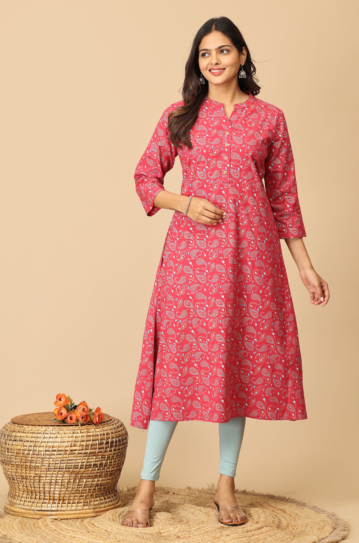 Magenta Rayon Slub Printed A-Line Kurta