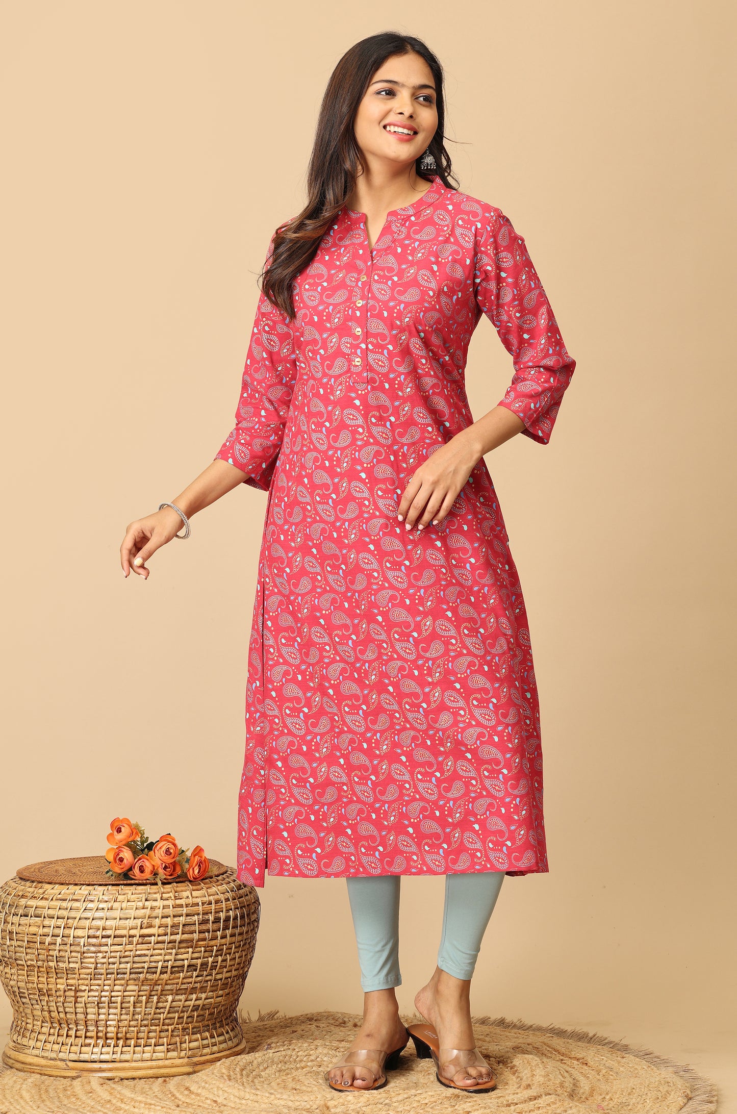 Magenta Rayon Slub Printed A-Line Kurta