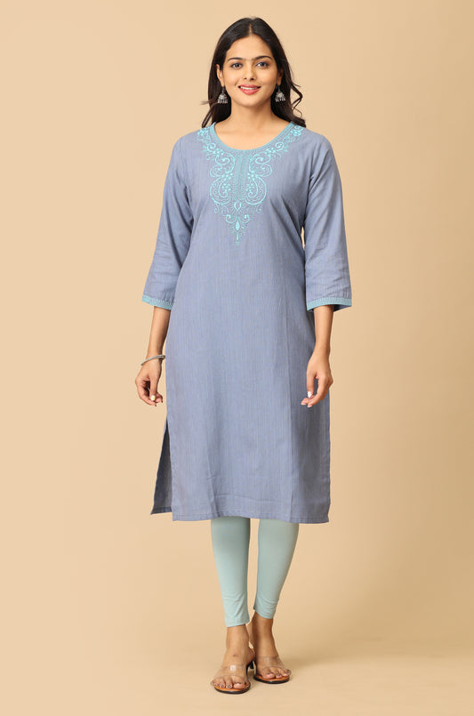 Light Blue Dori Embroidery Straight Kurti