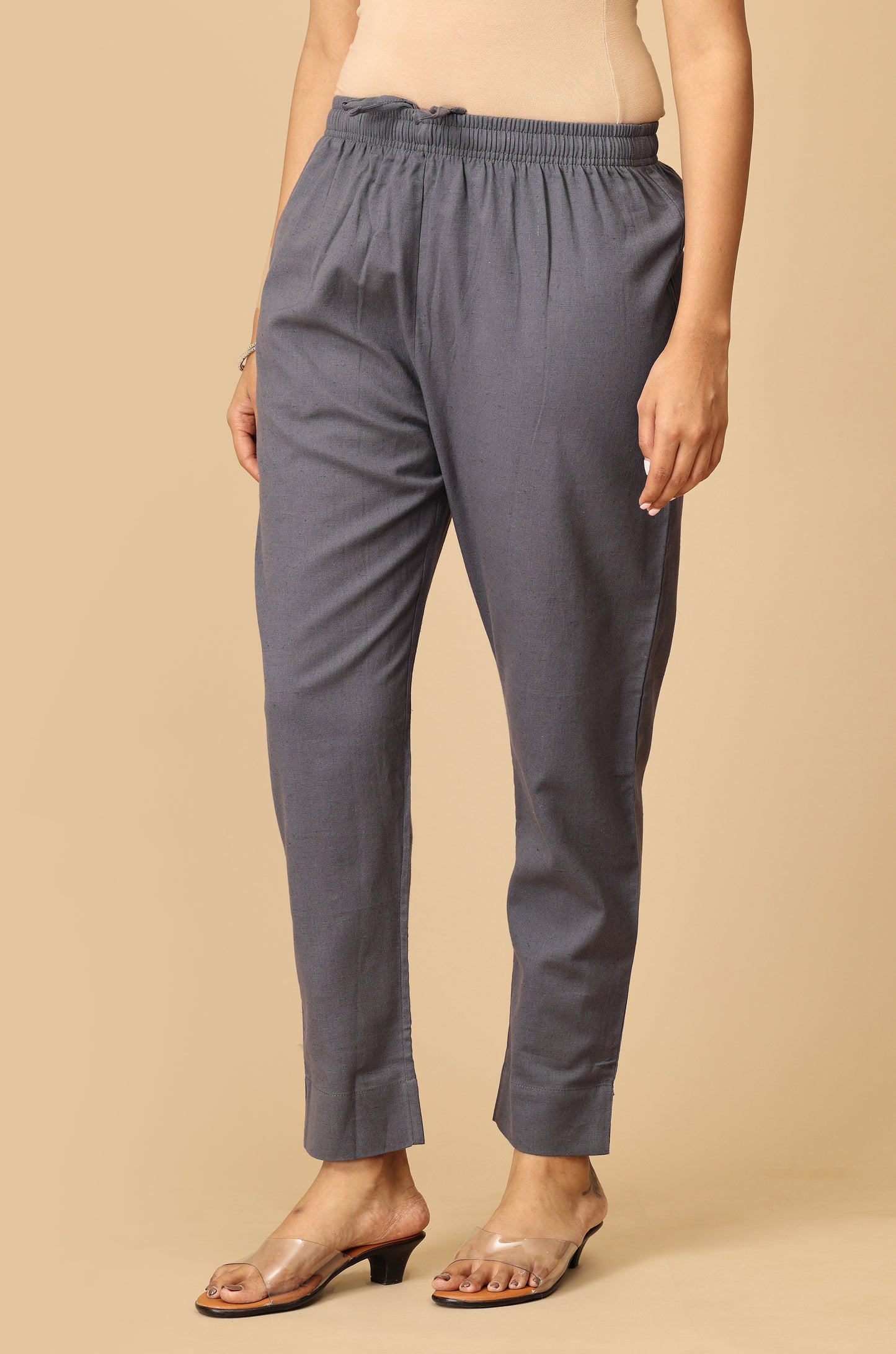 Grey Cotton Trouser Fit with Drawstring Cigarette Pant