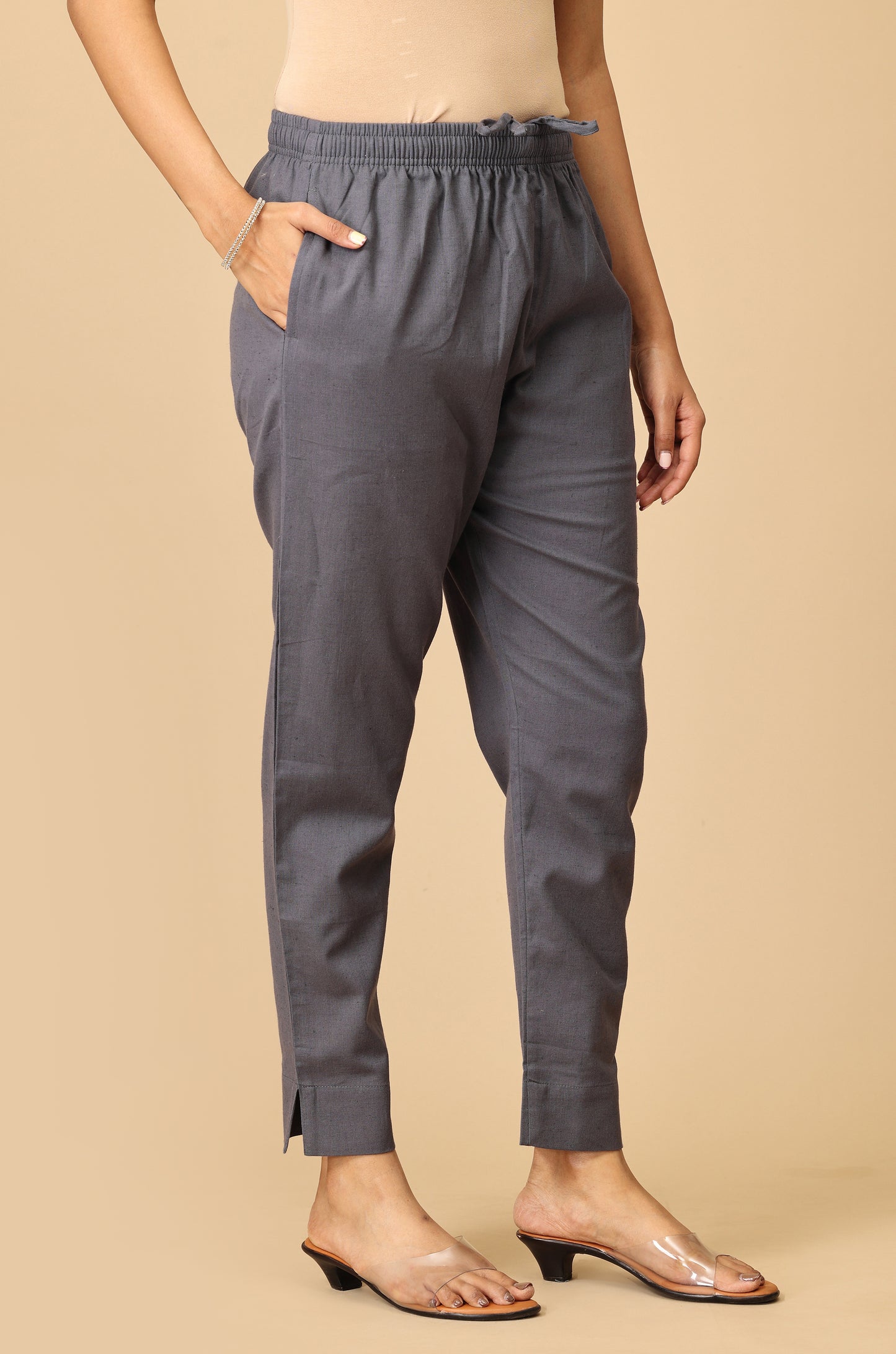 Grey Cotton Trouser Fit with Drawstring Cigarette Pant