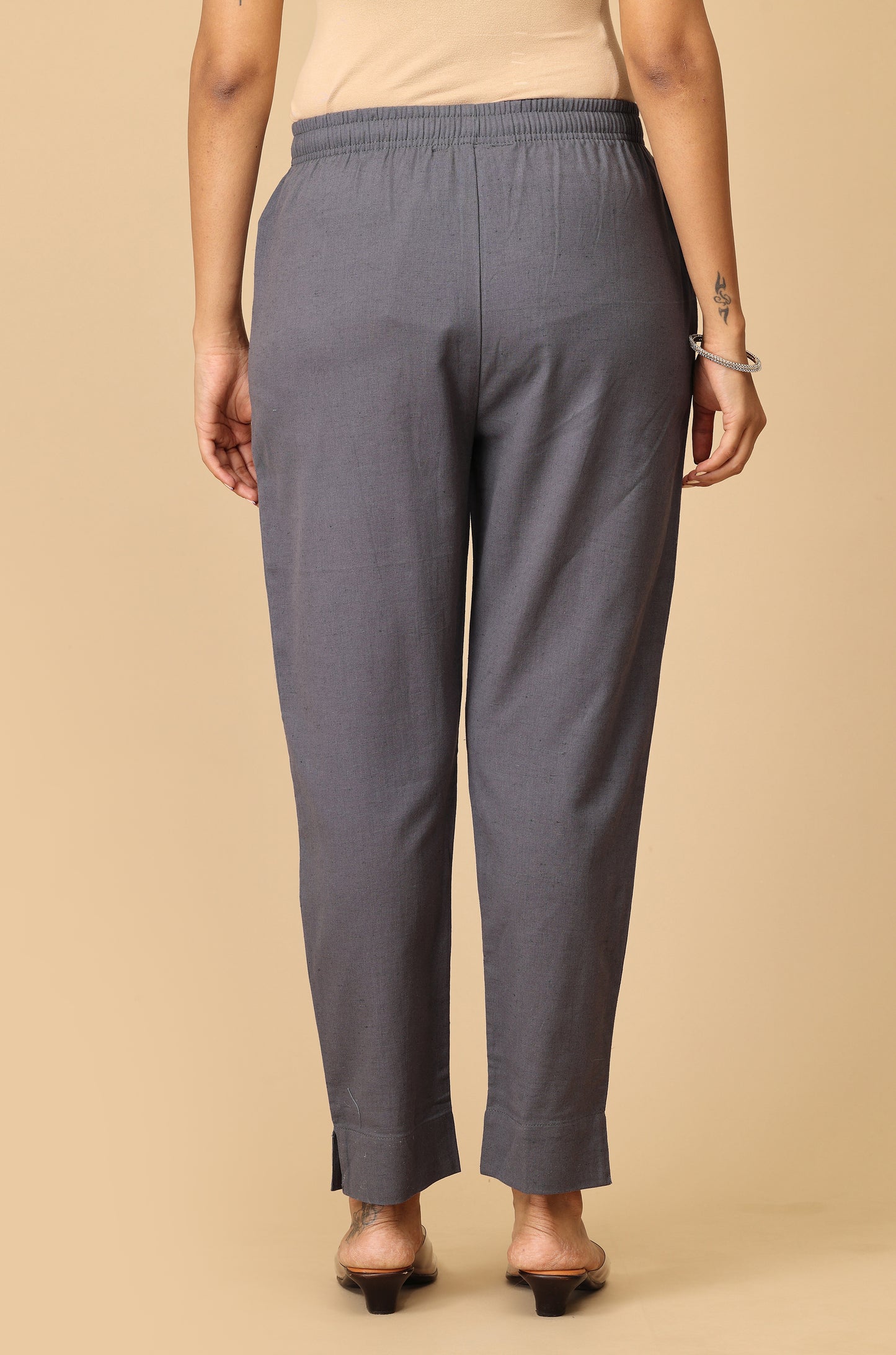 Grey Cotton Trouser Fit with Drawstring Cigarette Pant