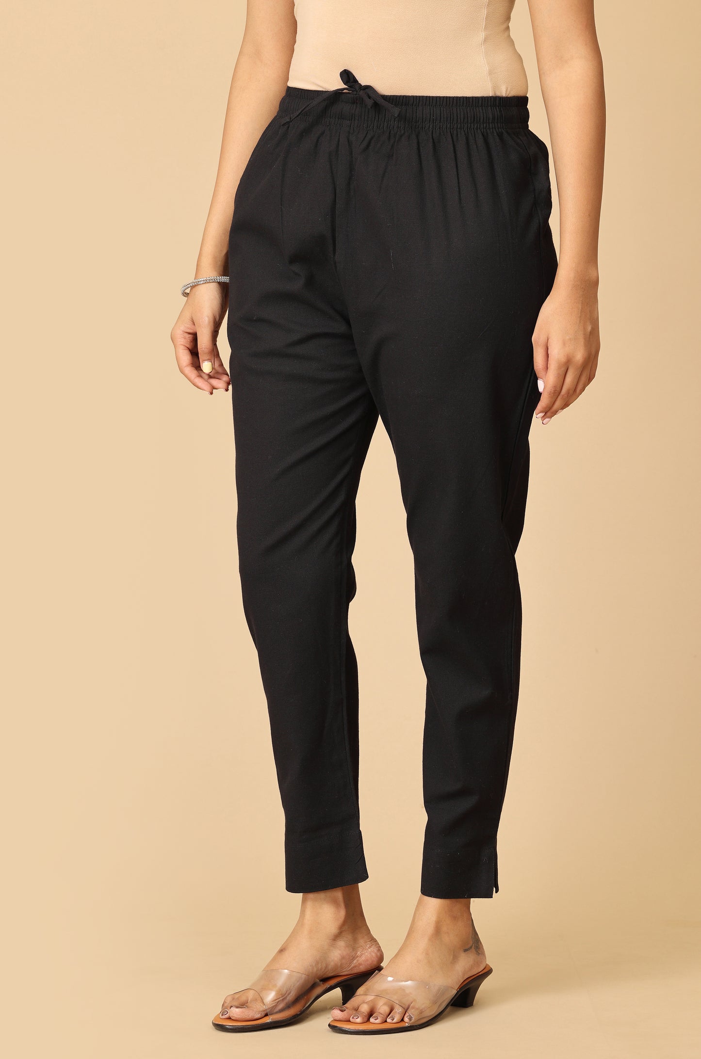 Black Cotton Trouser Fit with Drawstring Cigarette Pant