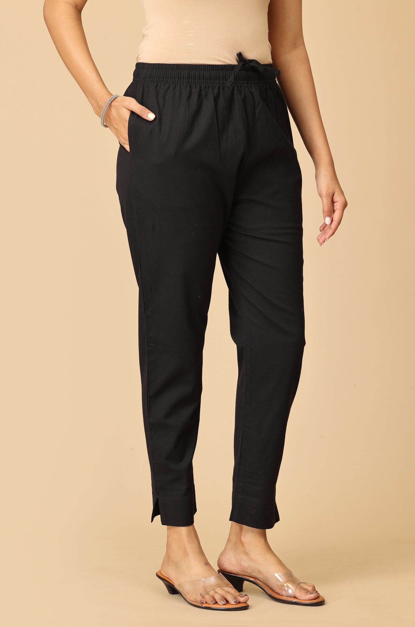 Black Cotton Trouser Fit with Drawstring Cigarette Pant