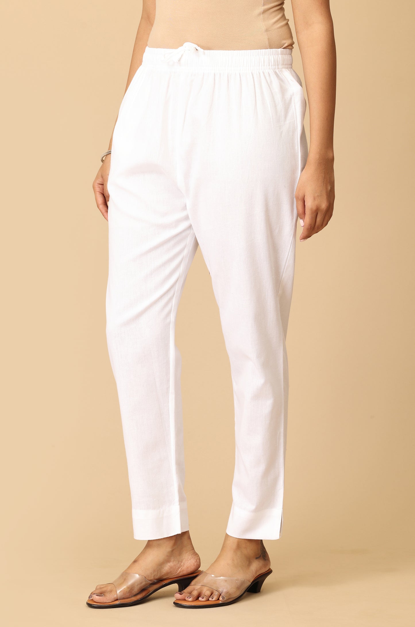 White Cotton Trouser Fit with Drawstring Cigarette Pant