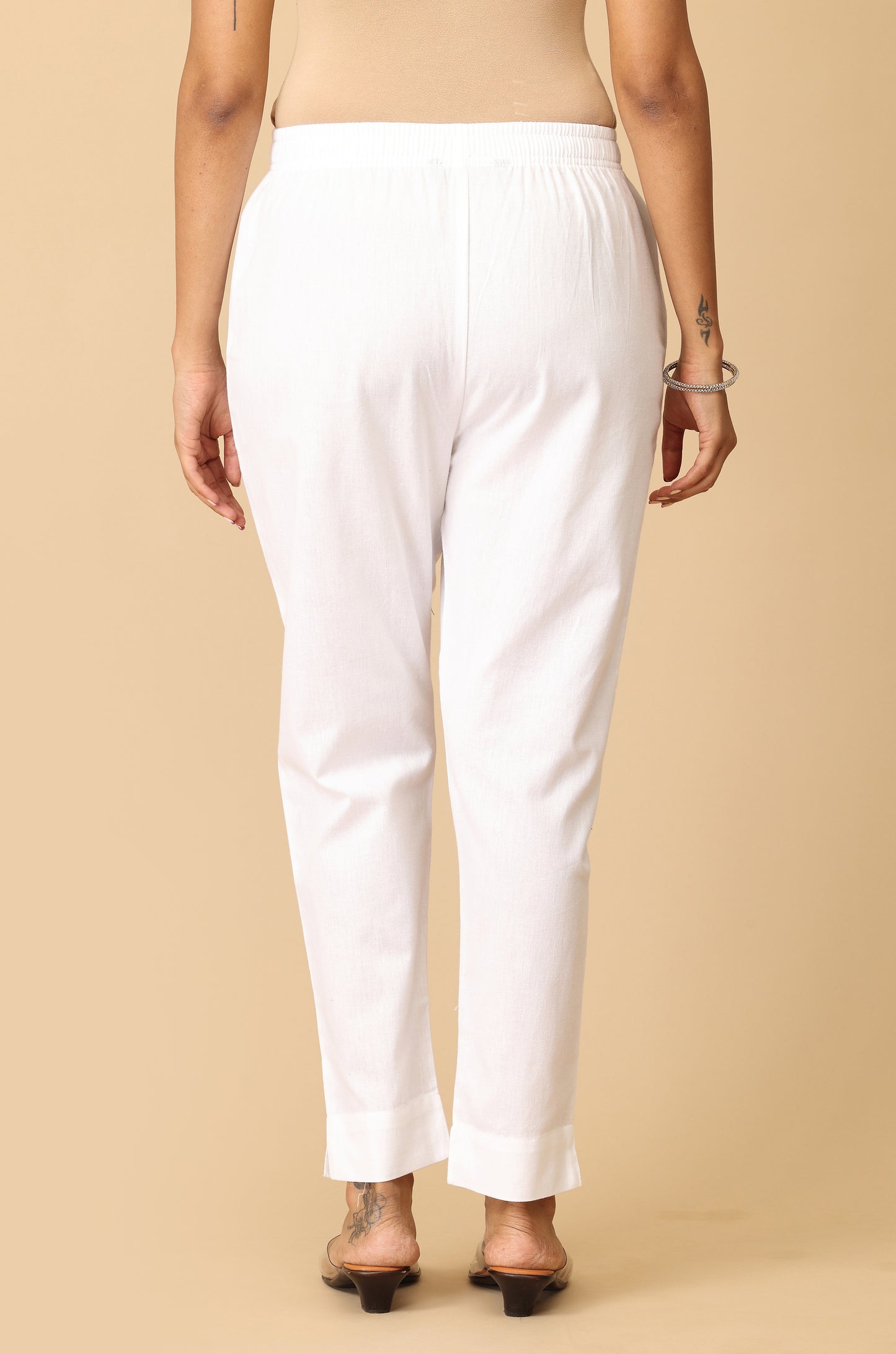 White Cotton Trouser Fit with Drawstring Cigarette Pant