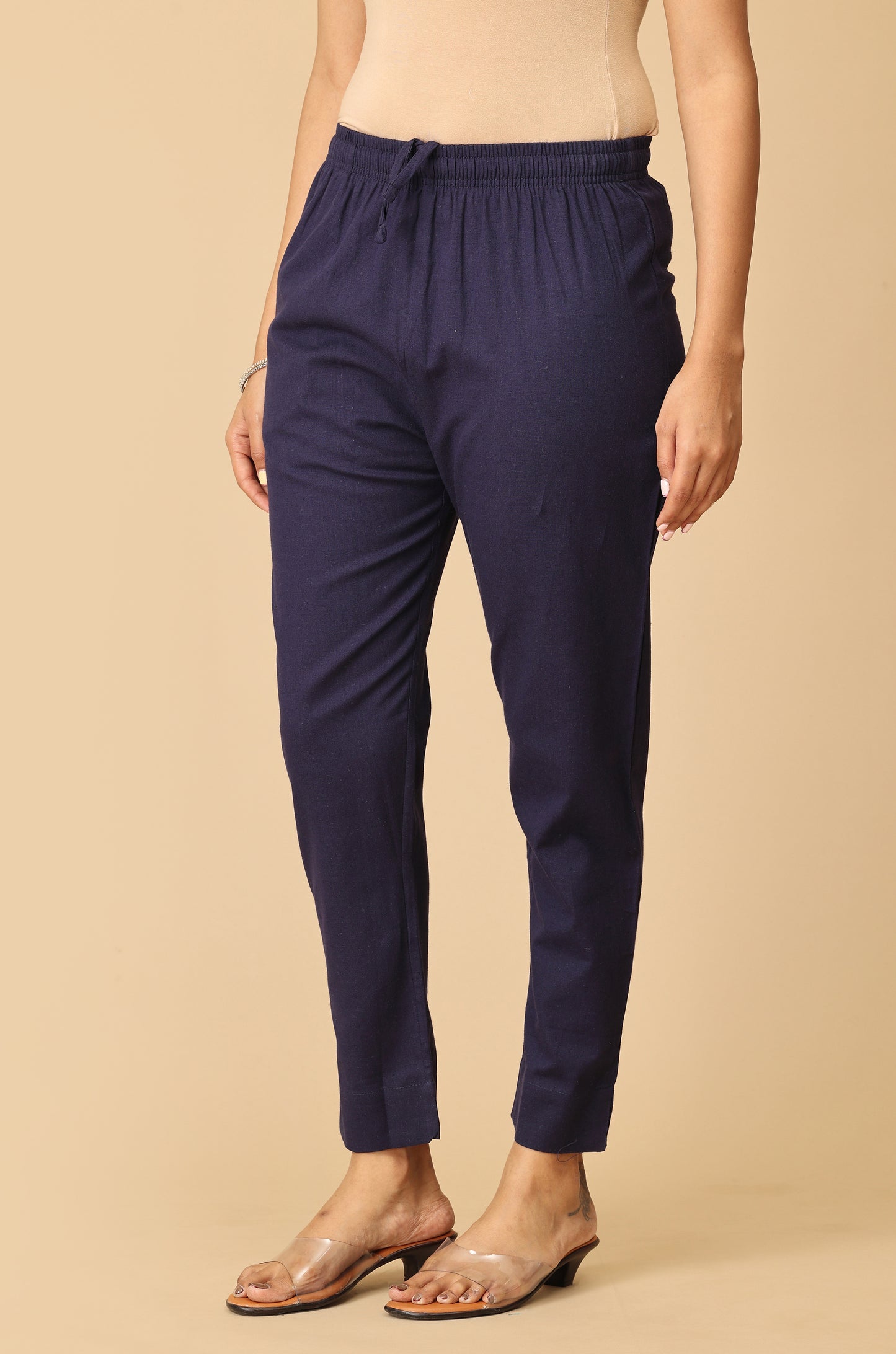 Navy Blue Cotton Trouser Fit with Drawstring Cigarette Pant