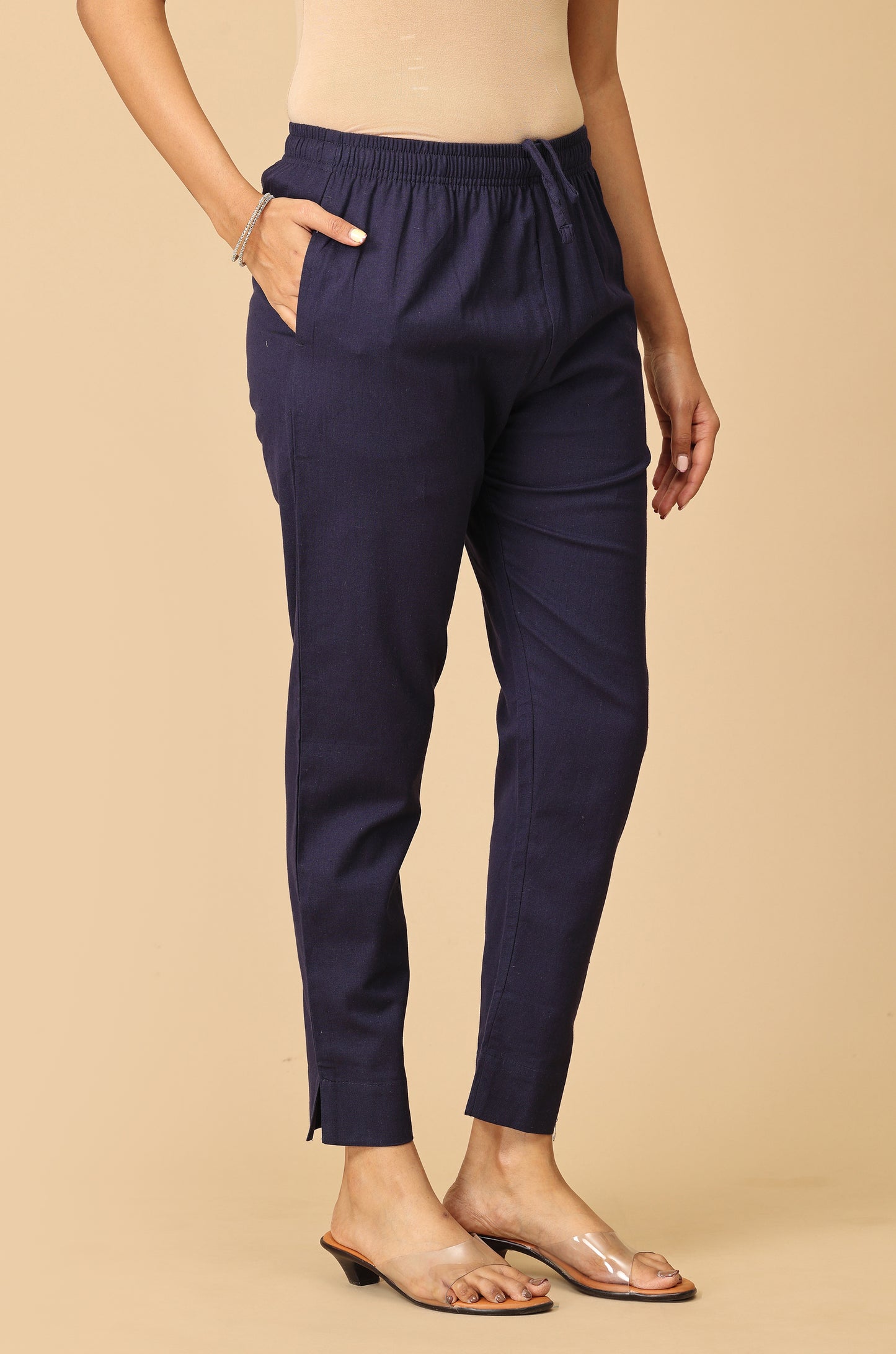 Navy Blue Cotton Trouser Fit with Drawstring Cigarette Pant