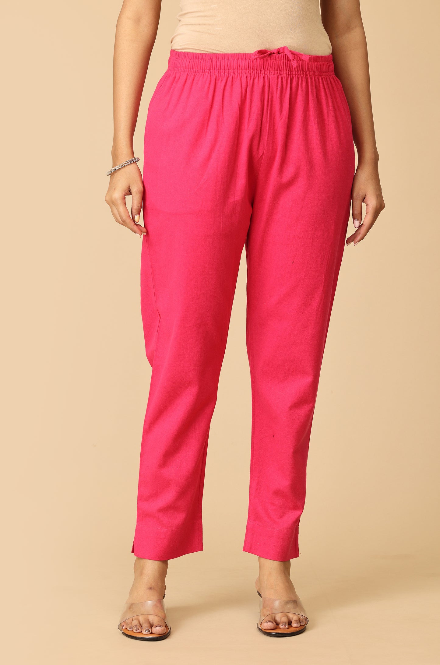 Bright Pink Cotton Trouser Fit with Drawstring Cigarette Pant